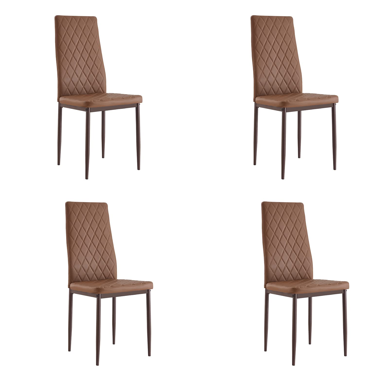 Goujxcy Set of 4 Leather Dining Chairs with Upholstered Cushion & High Back - Powder Coated Metal Legs & Rhombus Pattern Seats for Dining Room, Living Room, Bedroom, Kitchen (Coffee Brown) - Perfect for Home Decor, Family Gatherings & Entertaining Guests