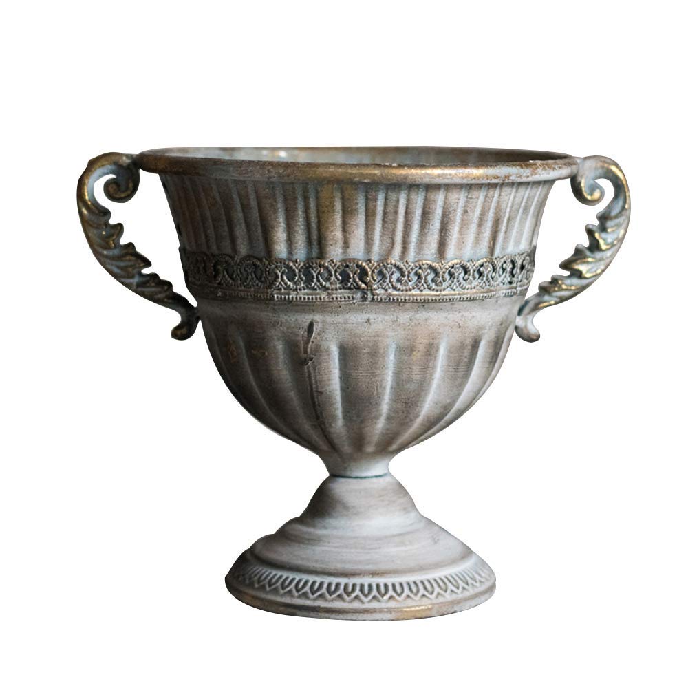 LIUSHI Roman Style Metal Vase - Bronze Garden Planter Pot with 24.5cm Height, Round Circular Flower Tub for Indoor/Outdoor Decor, Patio, Balcony & Wedding Centerpieces
