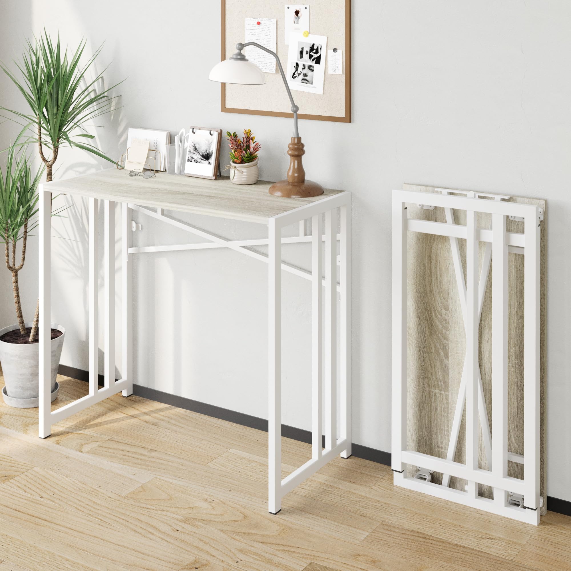 EMODA 35 Inch Folding Computer Desk - No Assembly Needed Home Office Desk, Portable Slim Study Writing Gaming Table (Beige) - Perfect for Small Spaces, Dorm Rooms & Work From Home Setup