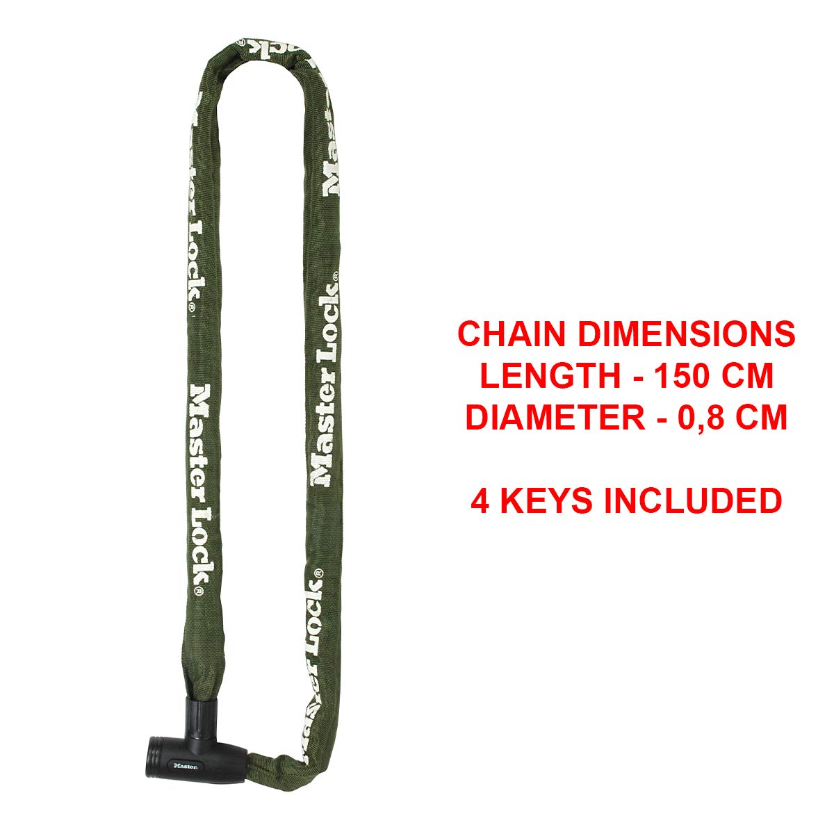 Master Lock 8024EURD Heavy Duty Bike Chain Lock with Key - 150cm (59 inch) Green Security Cable for Bicycles, Motorcycles & Outdoor Equipment - Perfect for Urban Commuting & Parking Security