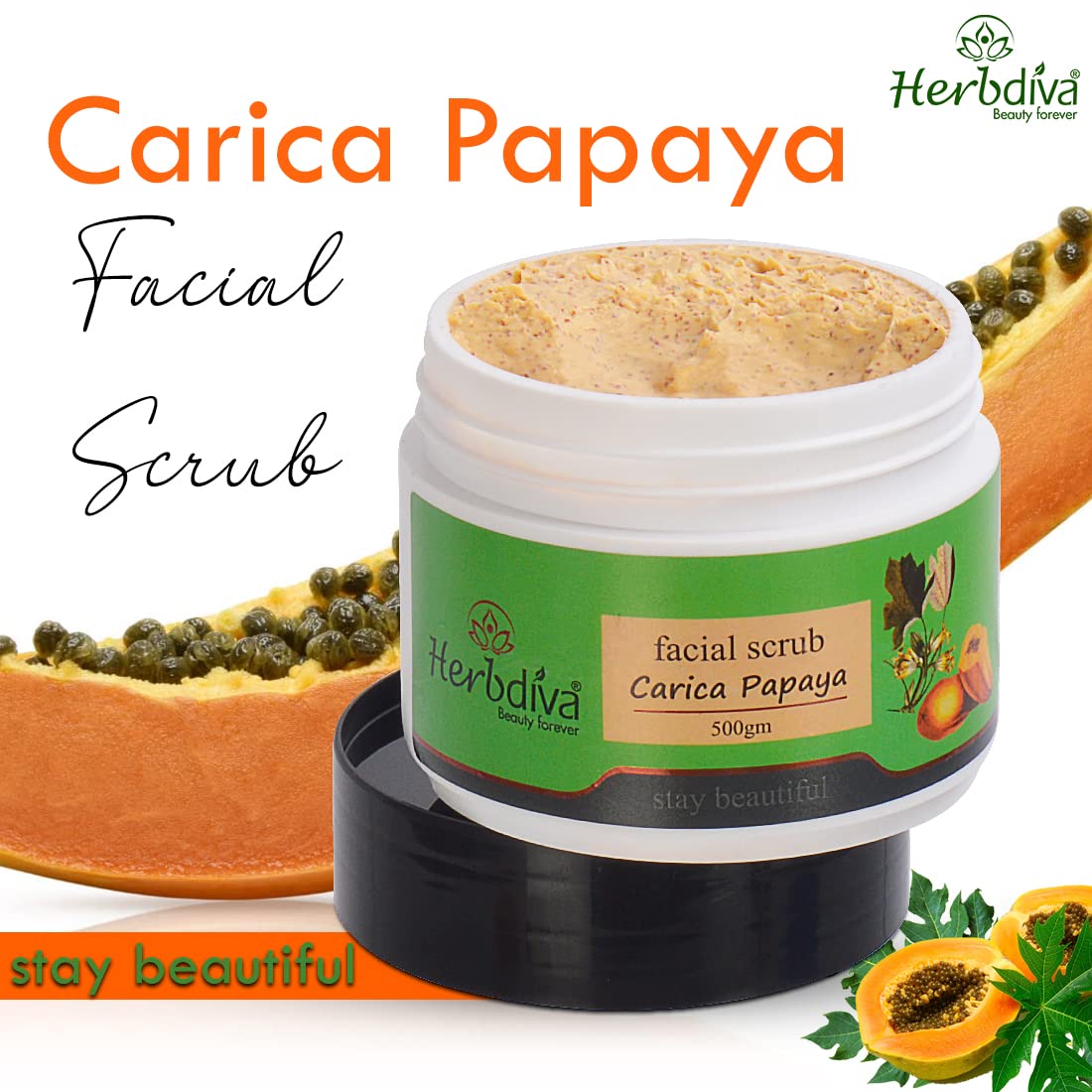 Herbdiva Carica Papaya Facial Scrub 500GM - Exfoliating Face & Neck Scrub for Tan Removal, Blackhead & Dirt Cleansing | Enriched with Papaya Extract, Vitamin A & C for Soft, Smooth Skin | Suitable for Women & Men | Perfect for Daily Skincare Routine & Spa Treatments