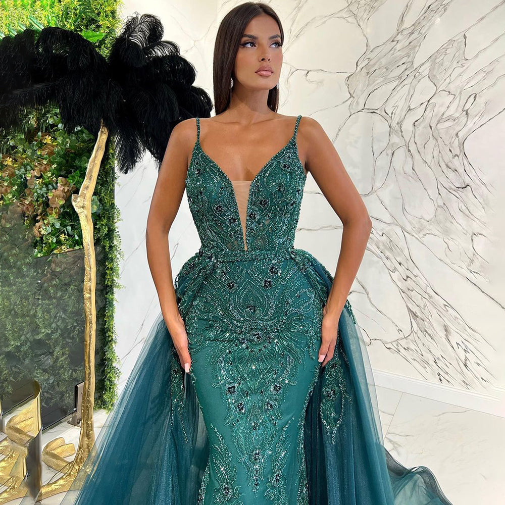 Elegant Beaded Mermaid Evening Gown with Detachable Skirt & Spaghetti Straps - Luxury Green Prom Dress for Women - Perfect for Parties, Galas & Formal Events