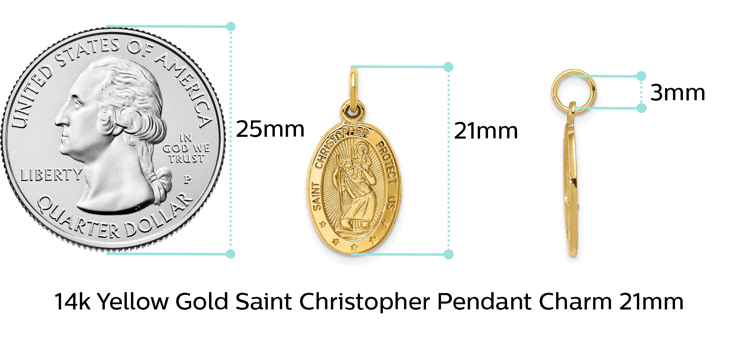 14k Solid Yellow Gold Catholic Patron Saint Christopher Medal Oval Charm Pendant (21mm x 11mm) - Religious Jewelry Gift for Women, Men, Wife, Husband, Mom & Dad - Perfect for Baptism, First Communion, Confirmation & Spiritual Protection