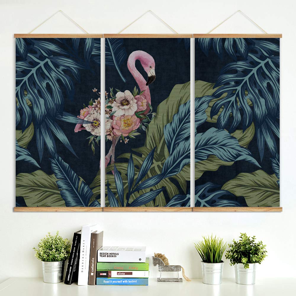 Idea4Wall Magnetic Wooden Framed Hanging Poster - Green Leaves & Beautiful Flowers Wall Art Print - 3 Panel Ready to Hang Home Decor (18