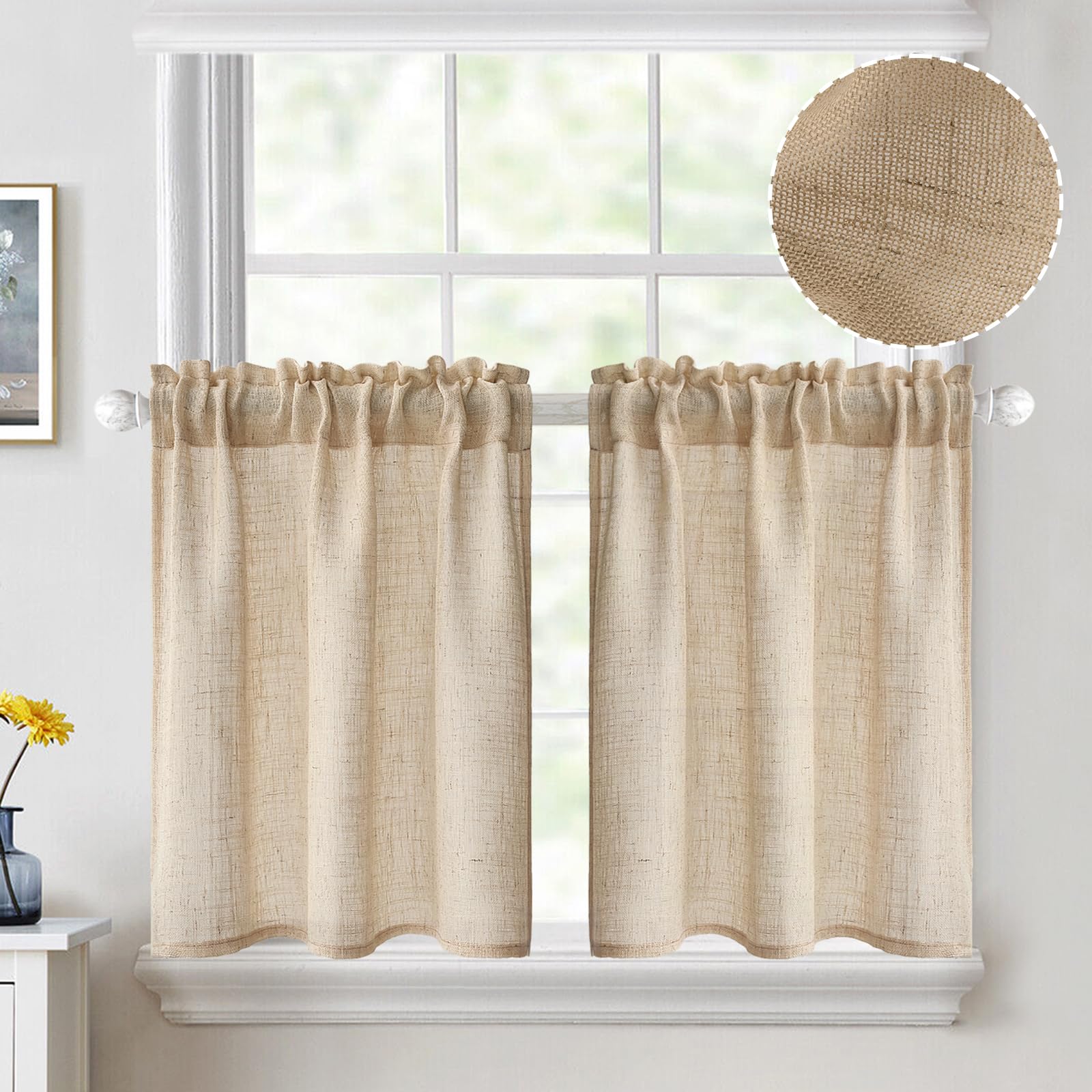MIULEE 24 Inch Cafe Curtains - Farmhouse Linen Semi-Sheer Short Curtains for Small Windows (2 Panels, W26xL24, Tan Beige) | Rod Pocket Tier Curtains for Kitchen, Bathroom, Basement | Perfect for Rustic Home Decor & Natural Light Filtering