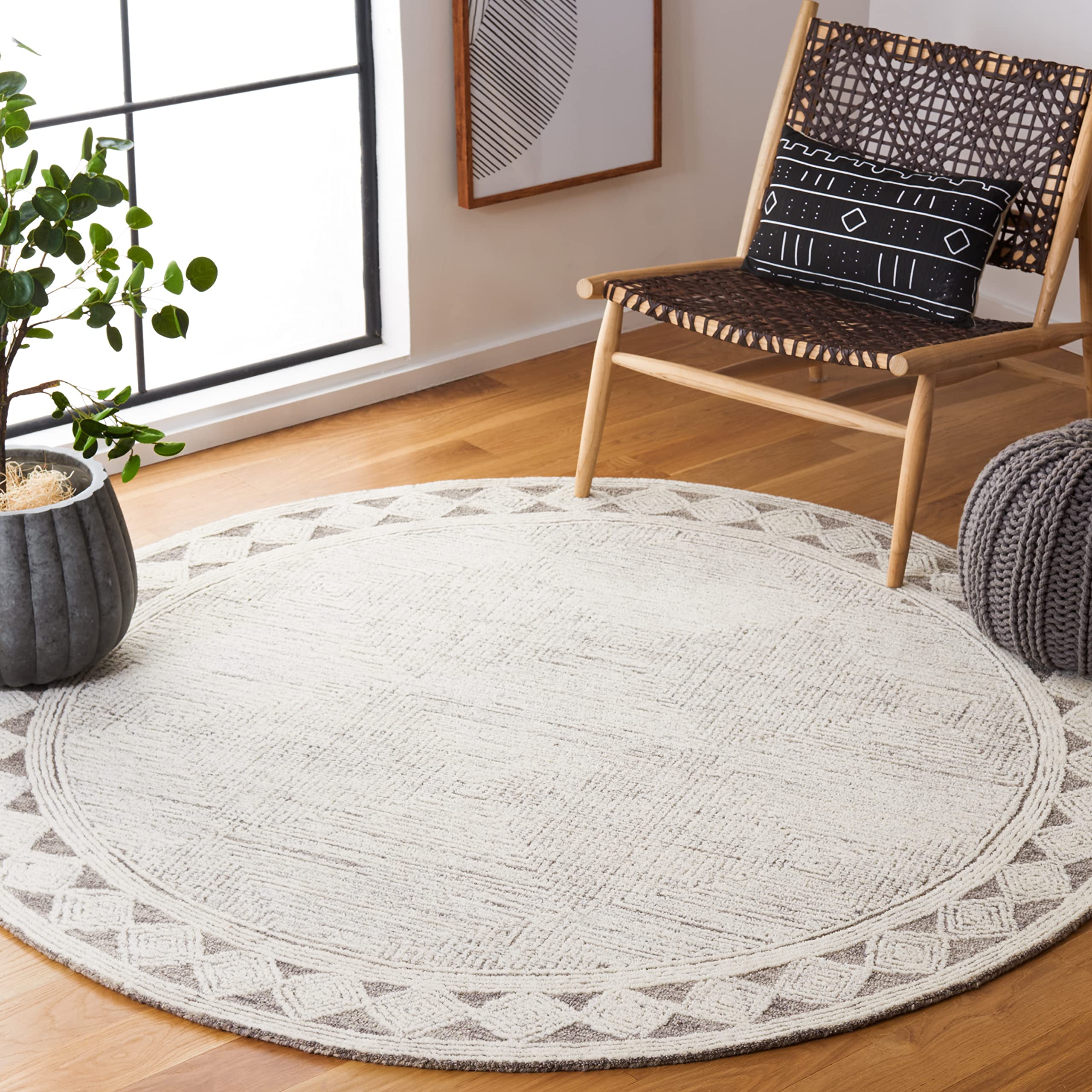 SAFAVIEH Abstract Collection 6' Round Ivory/Grey Handmade Wool Area Rug - Perfect for Living Room, Bedroom & Office Decor
