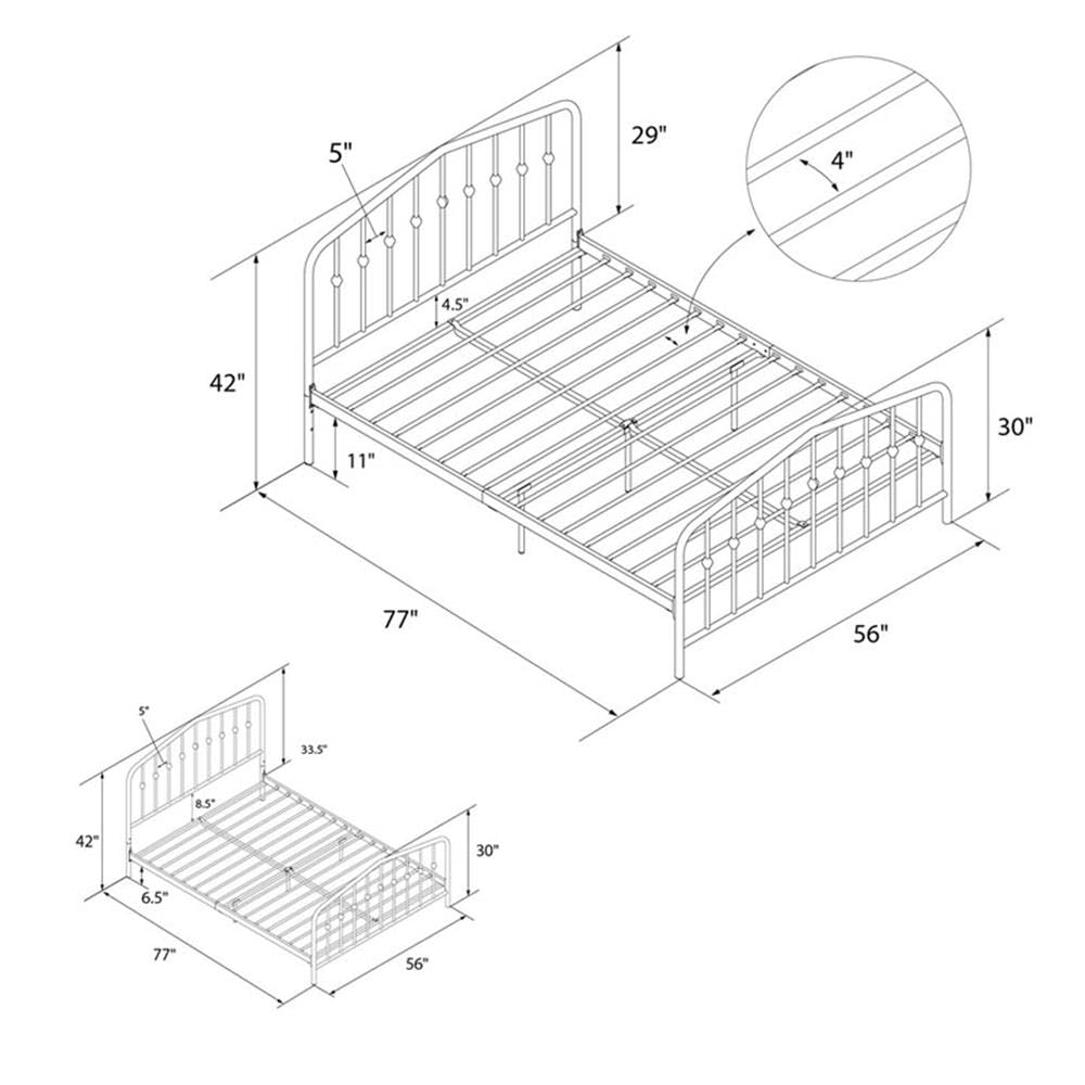 Pemberly Row Contemporary Full Size Adjustable Metal Bed Frame in Gray - Modern Sturdy Platform Bed for Small Spaces & Guest Rooms