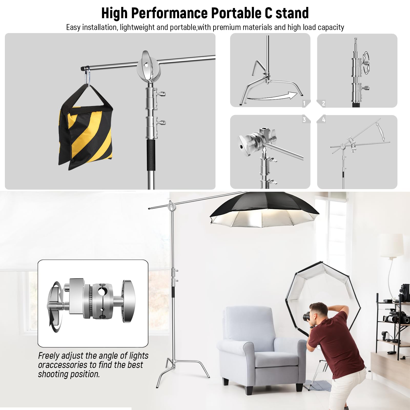 Heavy Duty C Stand with Boom Arm - 10.8ft Stainless Steel Photography Light Stand Kit, 4.2ft Adjustable Boom for Studio Softbox, Reflector & Lighting Equipment - Perfect for Photography Studios, Video Production & Film Sets