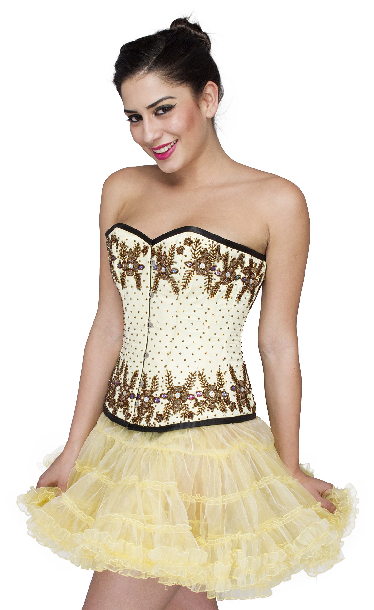 Elegant Yellow Satin Gothic Corset Dress with Brown Sequins - Burlesque Overbust Costume for Halloween, Cosplay & Vintage Themed Parties