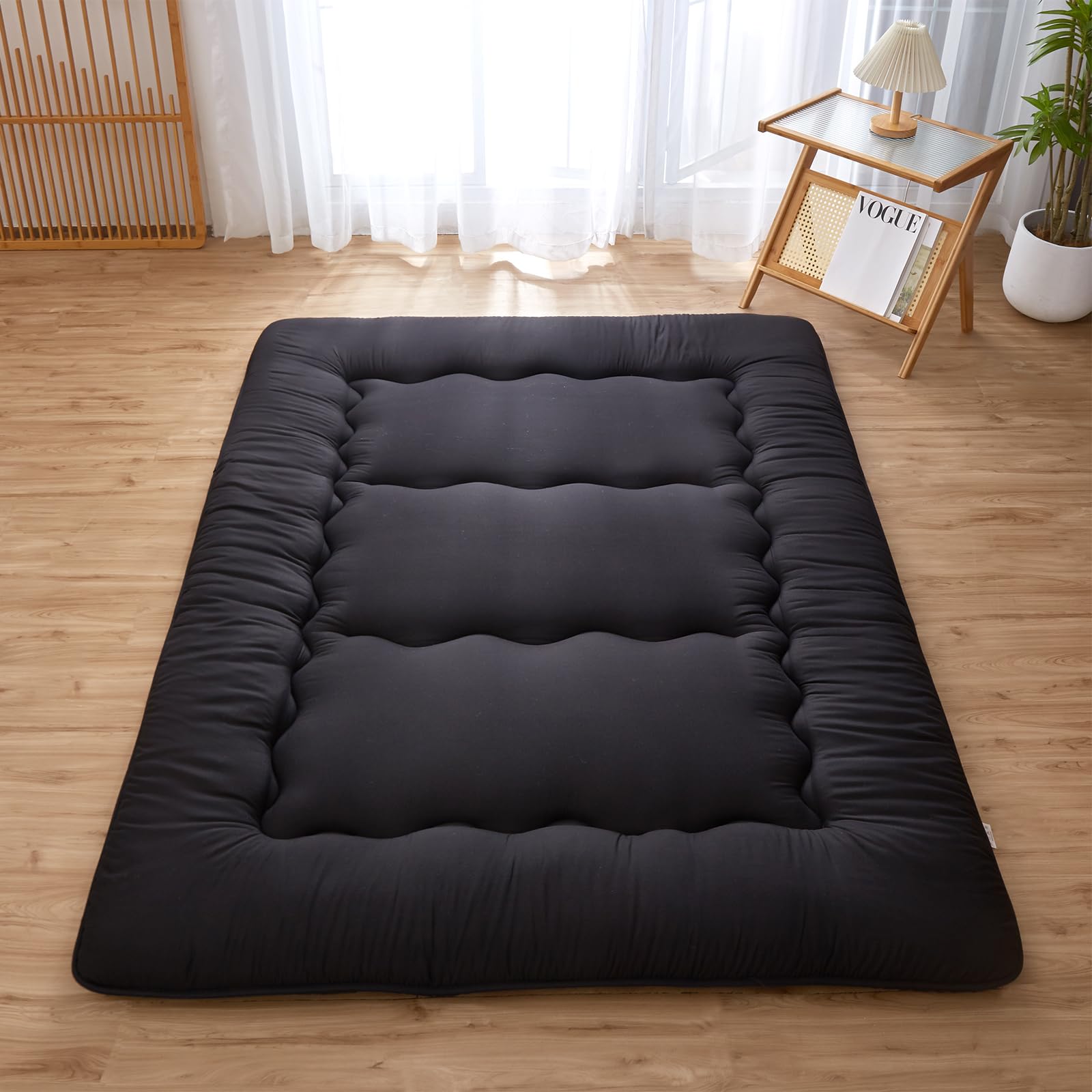 Japanese Futon Floor Mattress - Foldable Tatami Sleeping Mat with Washable Cover for Adults & Kids - Twin/Full/Queen Size (Queen, Black) - Perfect for Guest Rooms, Small Spaces & Minimalist Living