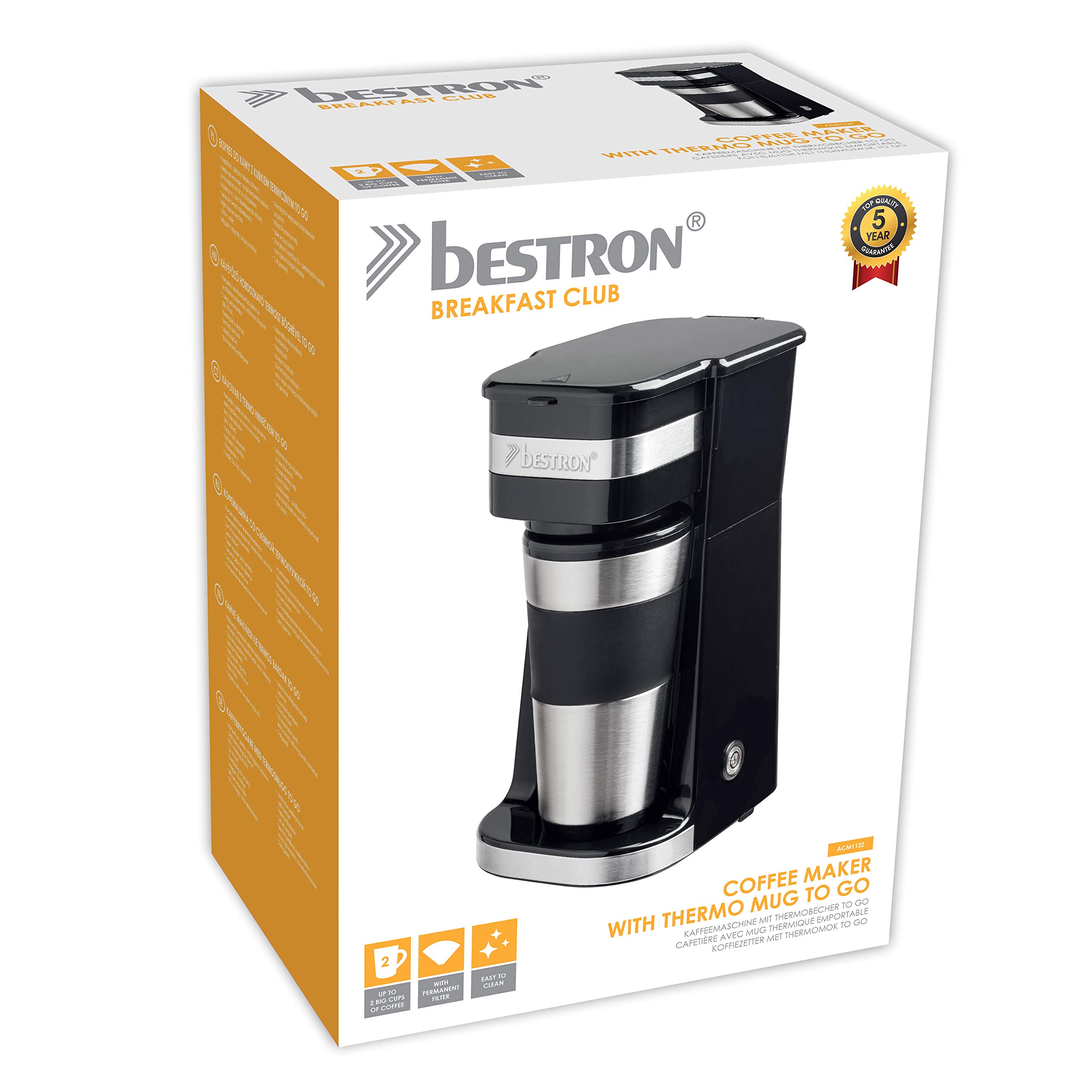 Bestron Stainless Steel Coffee Maker with Thermal Insulated Travel Mug - Perfect for Home, Office & Camping Use