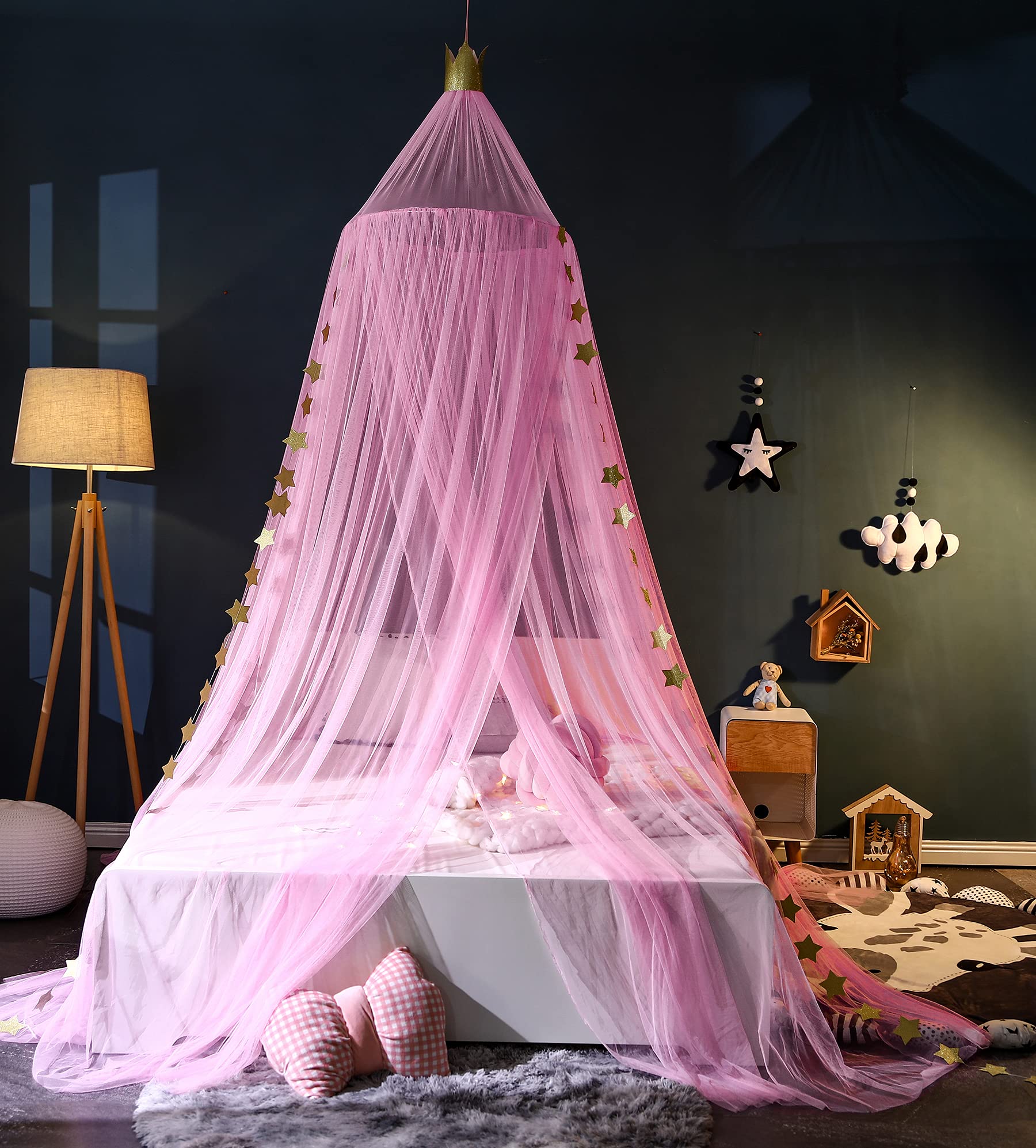 Mengersi Pink Princess Bed Canopy for Girls - Elegant Kids Room Decor & Bedroom Decoration - Perfect for Birthday Gifts, Sleepovers, and Creating a Dreamy Bedroom Atmosphere