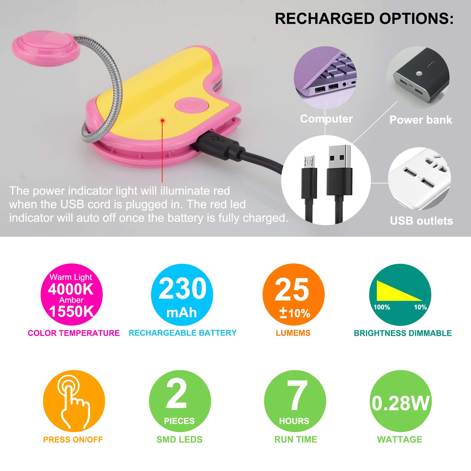 BIGMONAT Rechargeable LED Reading Light for Kids - Portable Amber Book Light with 360° Rotatable Neck, Wireless Clip-On Lamp for Night Reading, Study, and Travel (Pink) - Perfect for Bedtime Stories, Homework, and Camping
