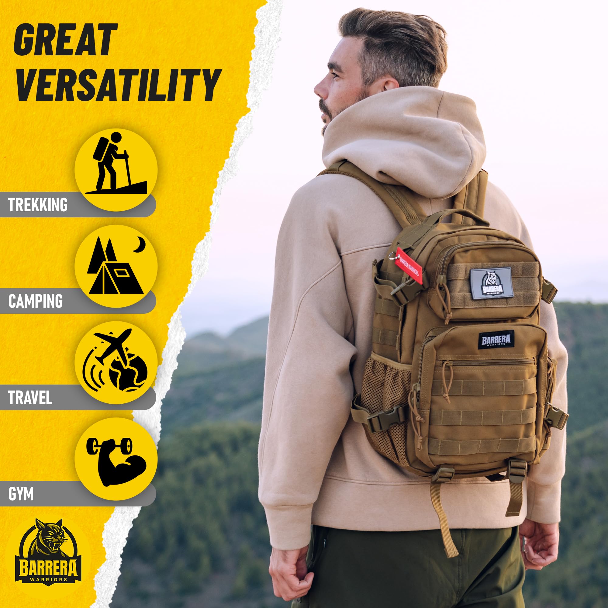 BARRERA Warriors 25L Tactical Backpack - Military MOLLE Assault Pack for Men, Durable Outdoor Hiking & Travel Backpack with Laptop Compartment (Mud Brown) - Perfect for Camping, Hiking, Airsoft & Everyday Use