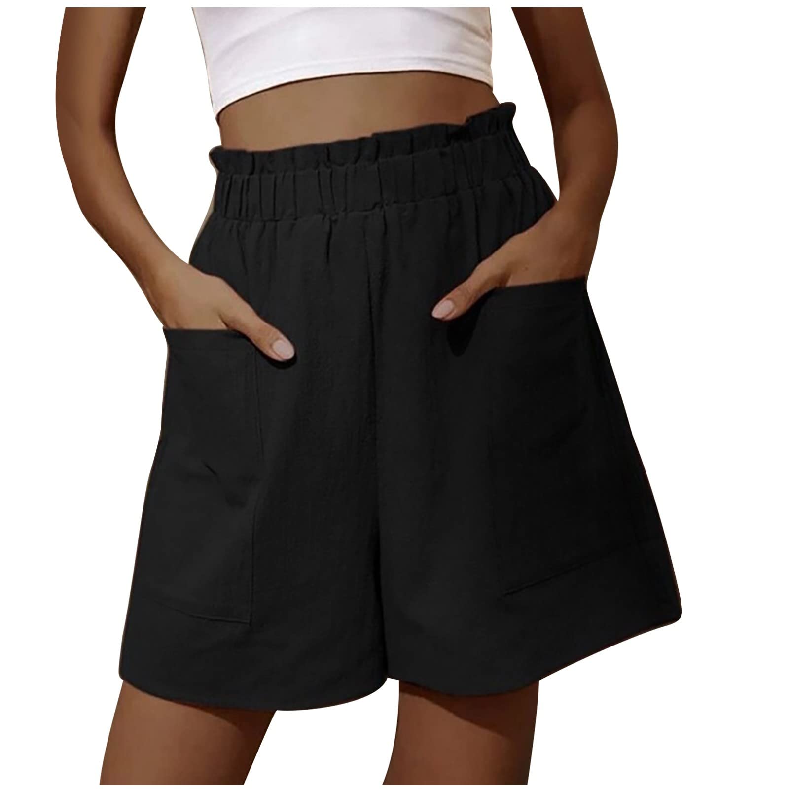 Segaven Women's Cotton Linen Elastic Waist Shorts with Pockets - Breathable Wide Leg Lounge & Athletic Shorts for Beach, Yoga, Travel and Casual Wear