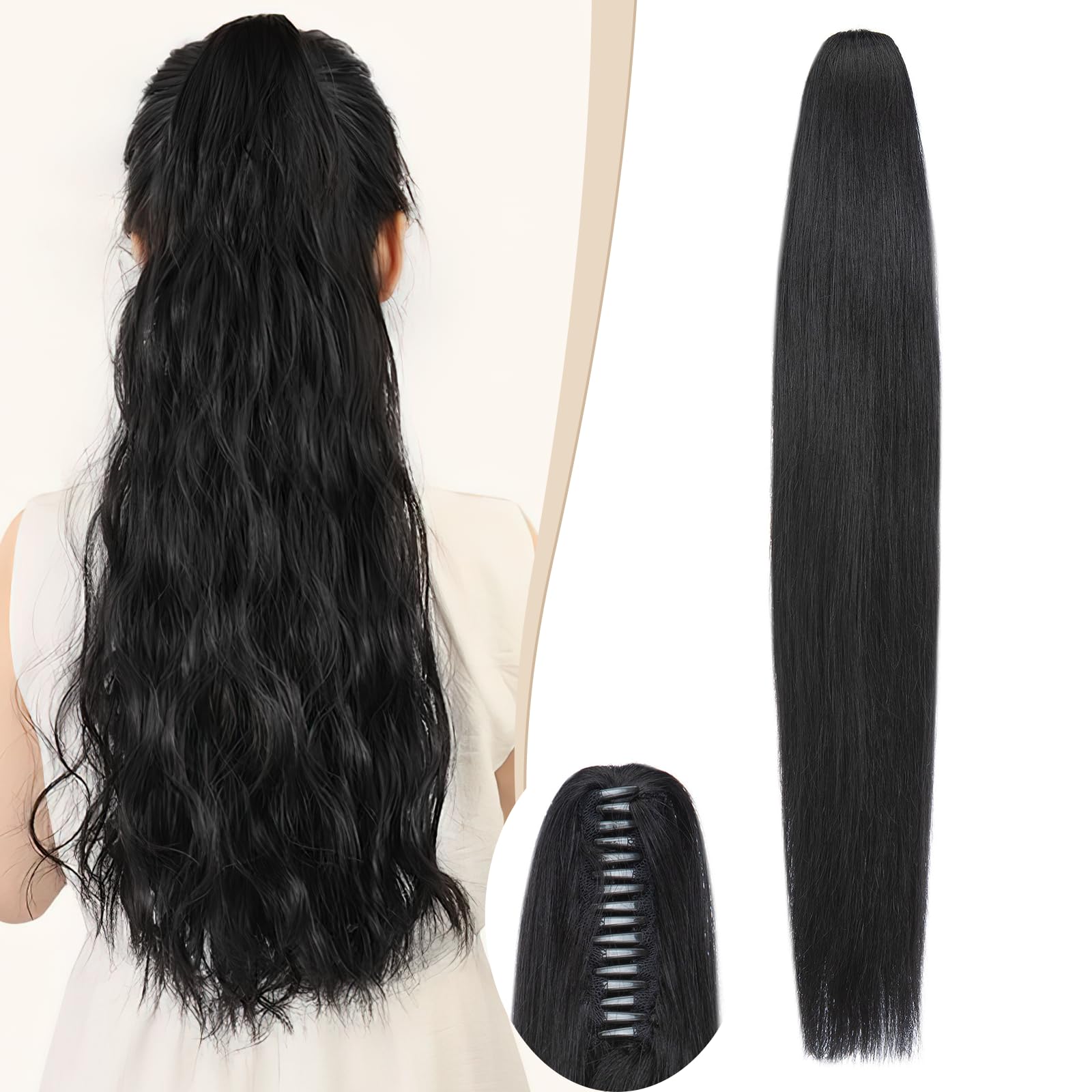 Natural Human Hair Ponytail Extension with Secure Claw Clip - Soft 14-22 Inch Hairpiece for Women in Jet Black (20