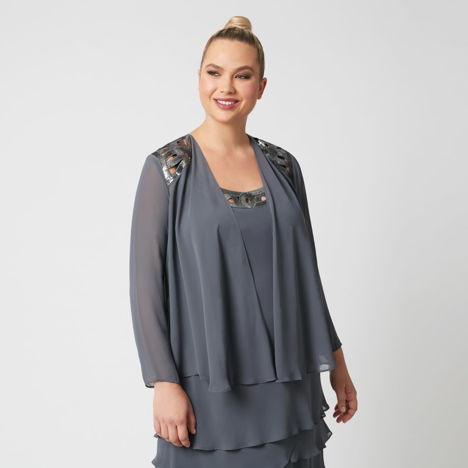 Elegant Plus Size Embellished Shoulder Chiffon Jacket for Women | Mother of The Bride Dress | Perfect for Weddings, Parties & Special Occasions