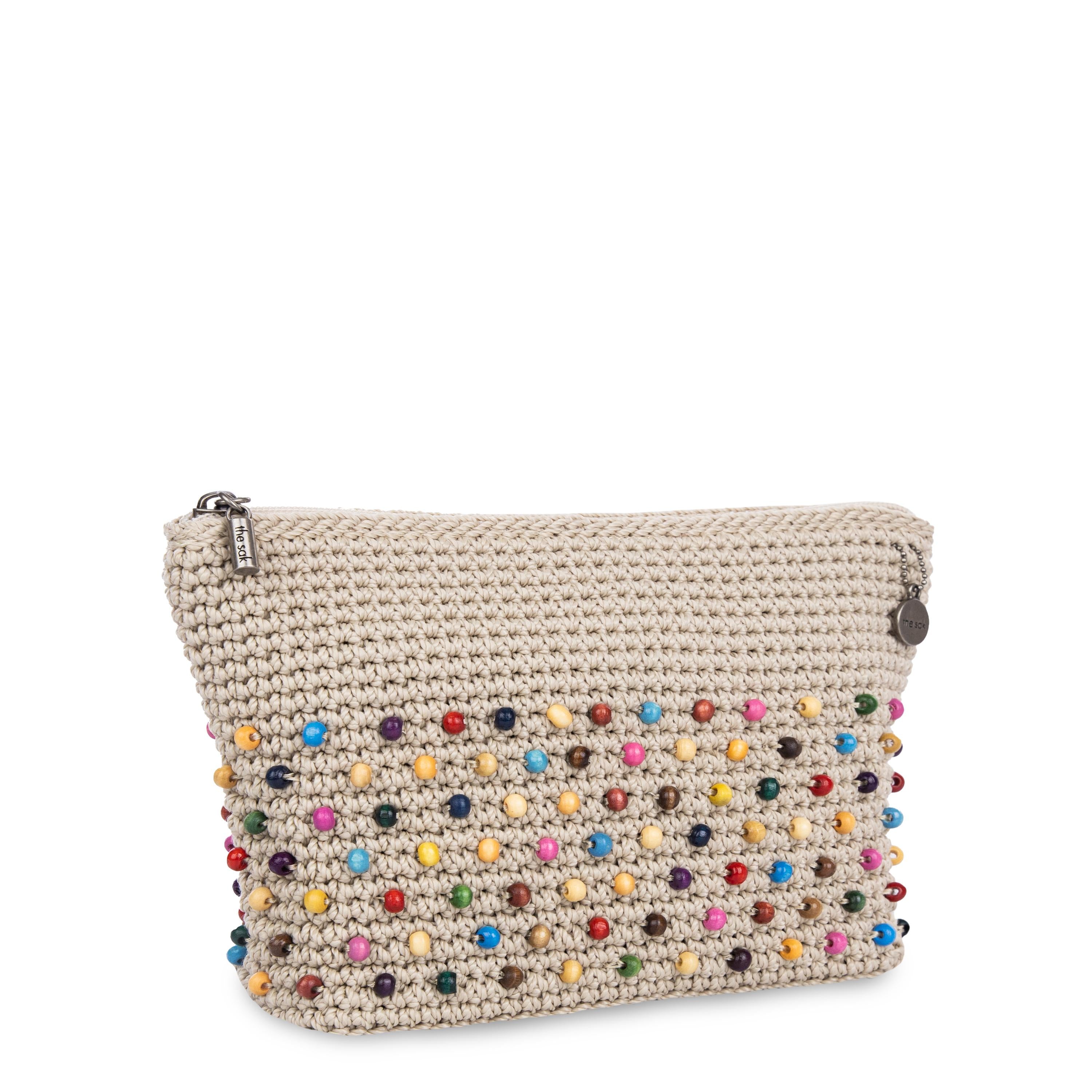 Handmade Crochet Essential Pouch with Ecru Multi Beads - Perfect for Travel, Makeup, Jewelry & Small Item Storage