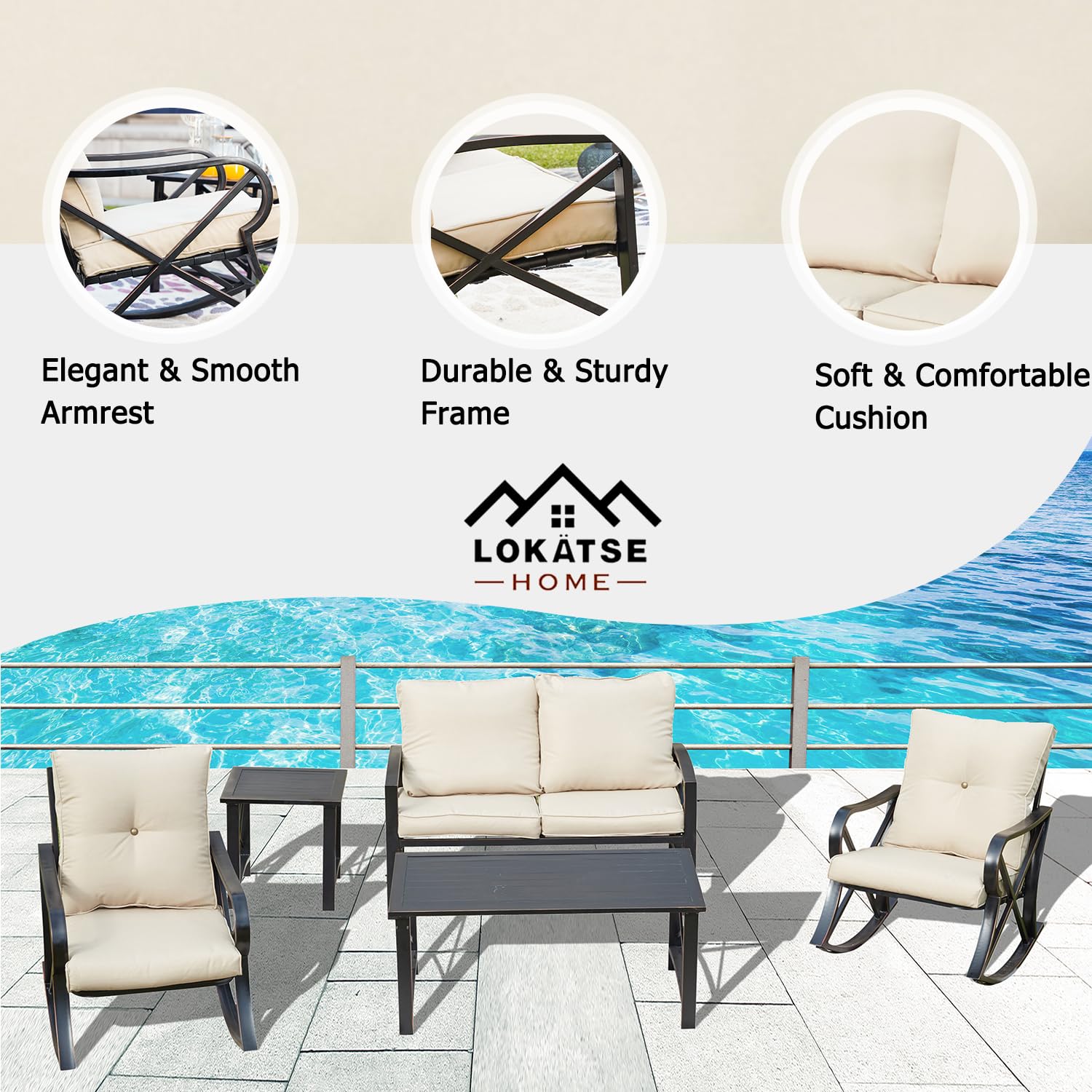 LOKATSE HOME 5-Piece Patio Furniture Set - Outdoor Bistro Conversation Set with Loveseat and 2 Coffee Tables, Khaki - Perfect for Garden, Backyard, Deck, and Poolside Relaxation