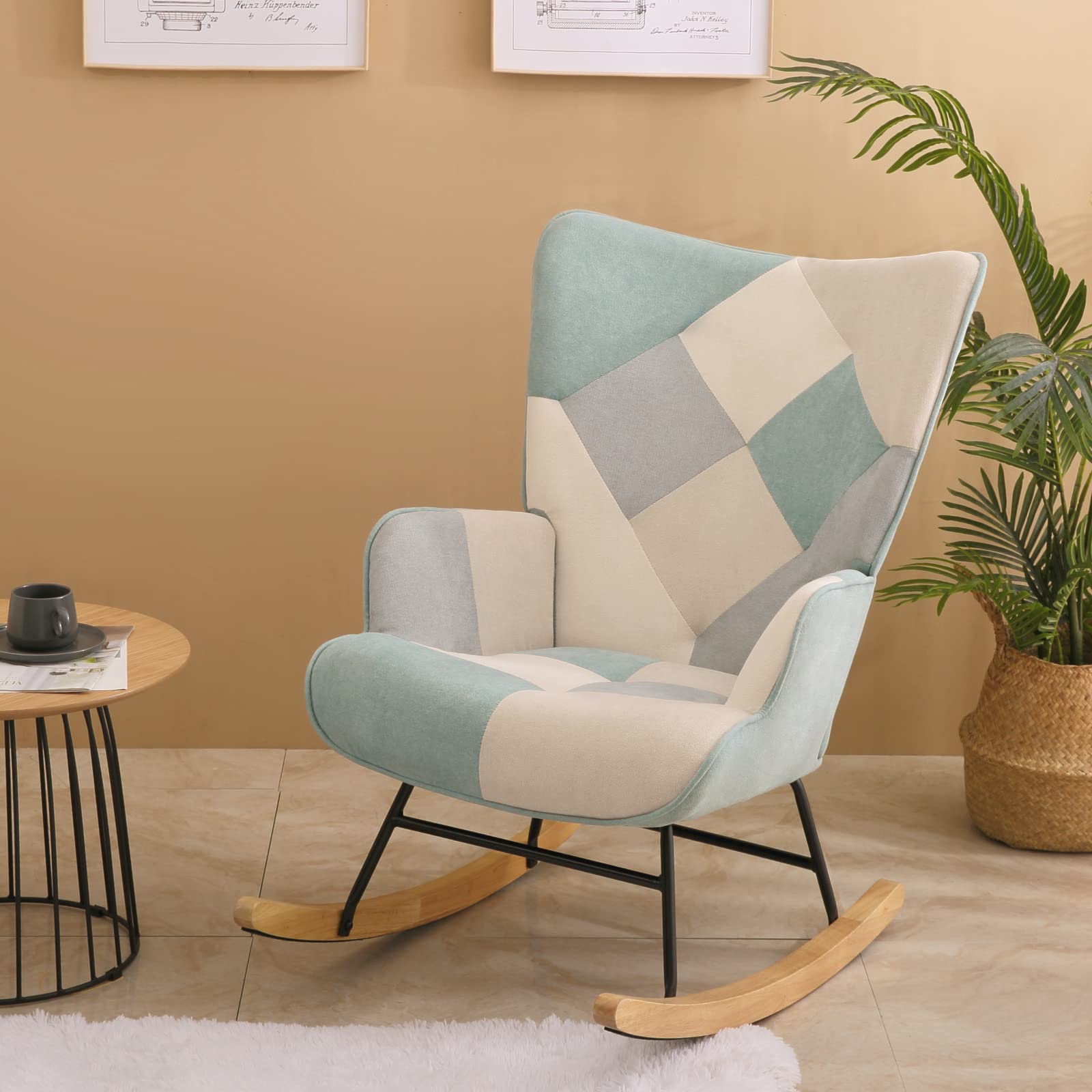 HomVent Upholstered Rocking Chair - Mid Century Modern Fabric Rocker with Tall Back & Wood Base | Comfortable Nursery Chair & Accent Armchair for Adults & Kids | Perfect for Living Room, Bedroom, Nursery & Relaxation Spaces