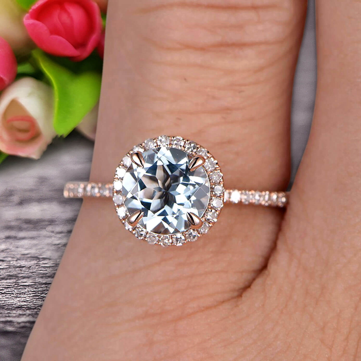1.50 Carat Round Cut Aquamarine Engagement Ring - 10k Rose Gold Halo Design for Wedding, Anniversary & Proposal Gifts - Perfect for Bridal Jewelry & Special Occasions