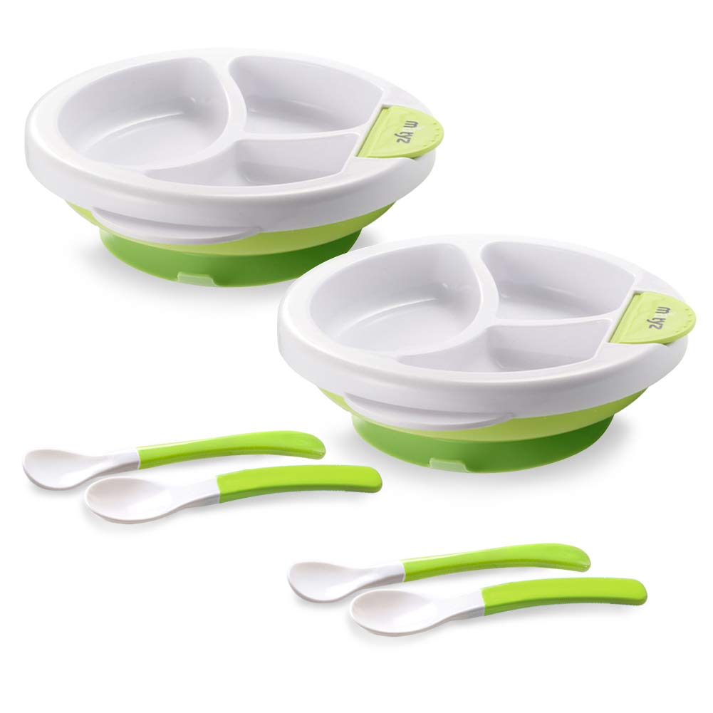 Matyz 2-Pack Baby Feeding Suction Warm Plate with Divided Sections - Non-Slip Toddler Dish with Drain & Dry Design - Includes 2 Plates & 4 Spoons - Microwave & Dishwasher Safe (Green) - Perfect for Home, Daycare & Travel Meals