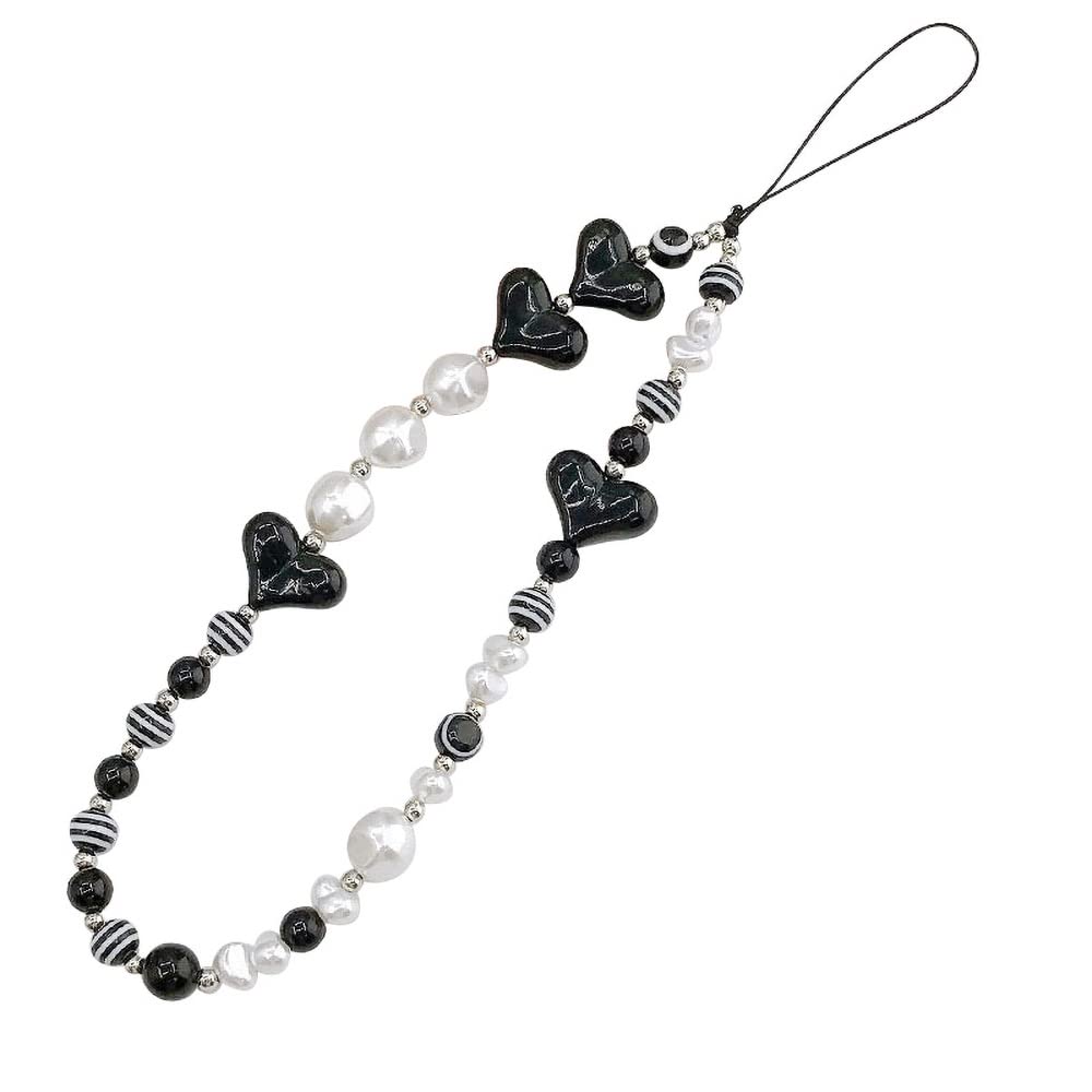Black Heart Pearl Beaded Phone Lanyard Wrist Strap for Women & Girls - Stylish Phone Charm with Pearls, Elegant Beaded Phone Chain, Perfect for Everyday Use, Parties, and Gifts