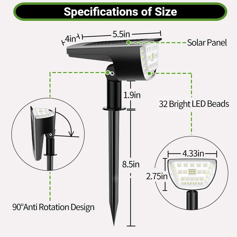 Solar Spot Lights Outdoor - 32 LED Waterproof IP65 Landscape Lighting with 3 Modes, 2-in-1 Flood & Spotlight for Yard, Garden, Backyard, Trees, Pathway (2 Pack) - Perfect for Patio Decor, Driveway Illumination & Holiday Lighting