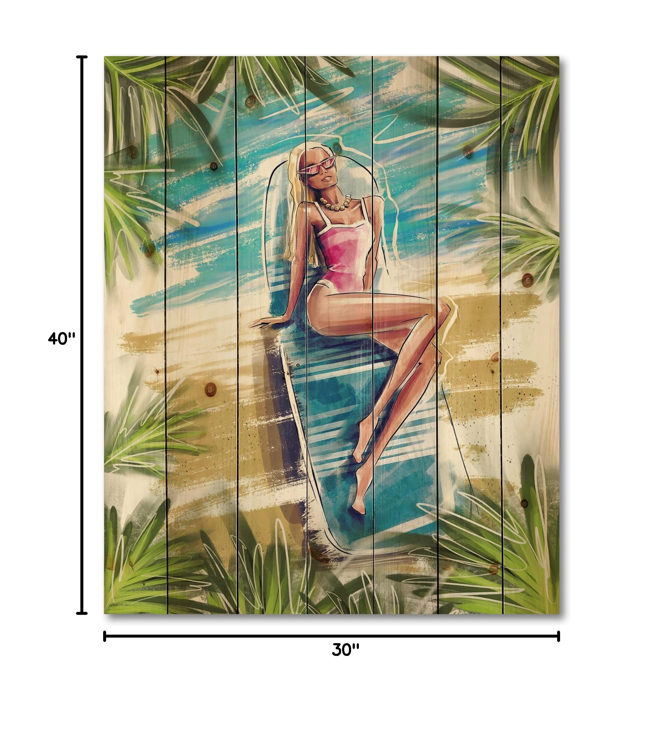 Beautiful Blonde Model Beach Sunbathing Nautical Coastal Wood Wall Art - Blue Ocean Themed Large Pine Wood Wall Decor for Living Room, Bedroom & Beach House