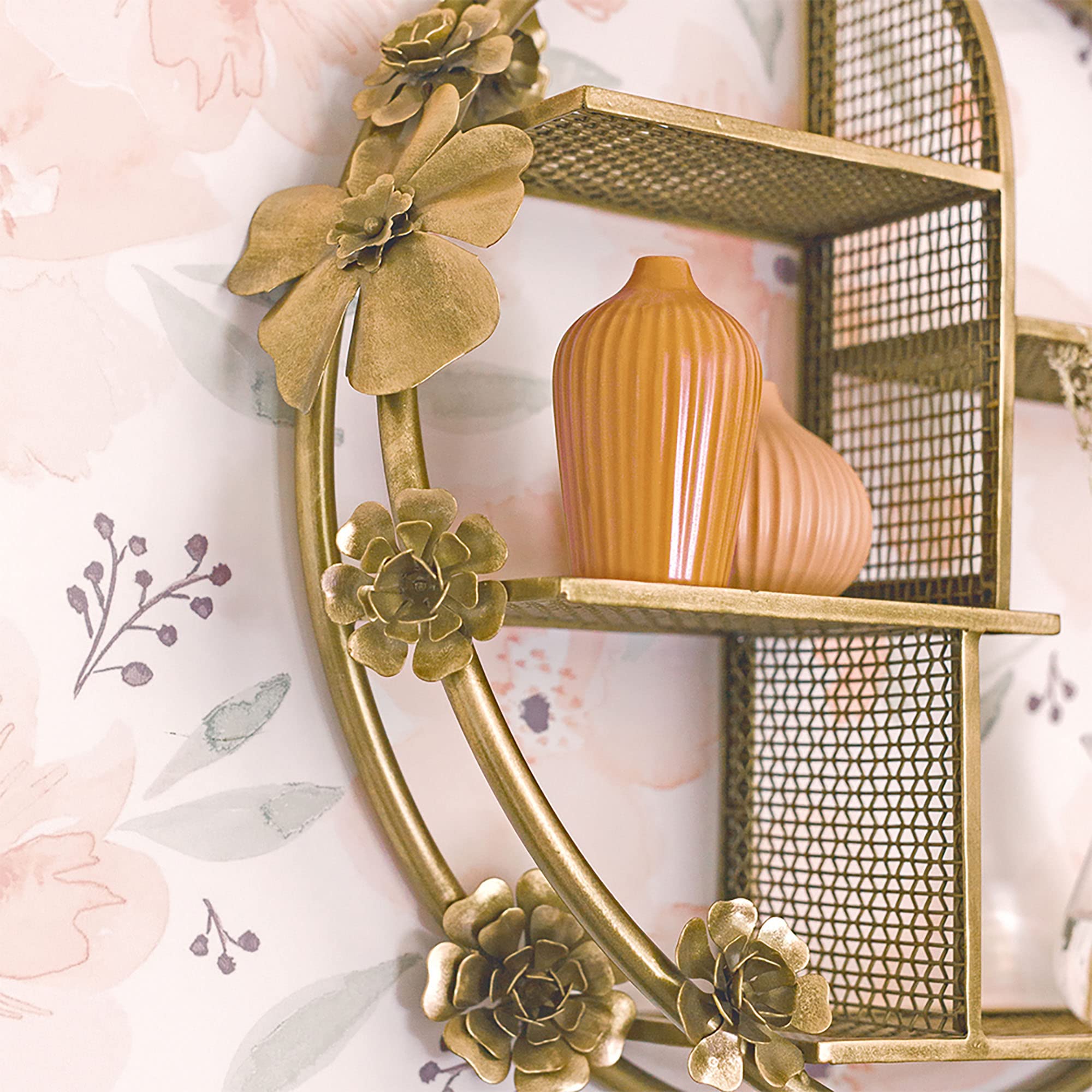 Elegant Brass Crane Baby Nursery Wall Shelf Decor - 20.5” x 20.5” x 6” Floral Shelving for Boys & Girls - Perfect for Nursery, Bedroom or Kids Room Organization