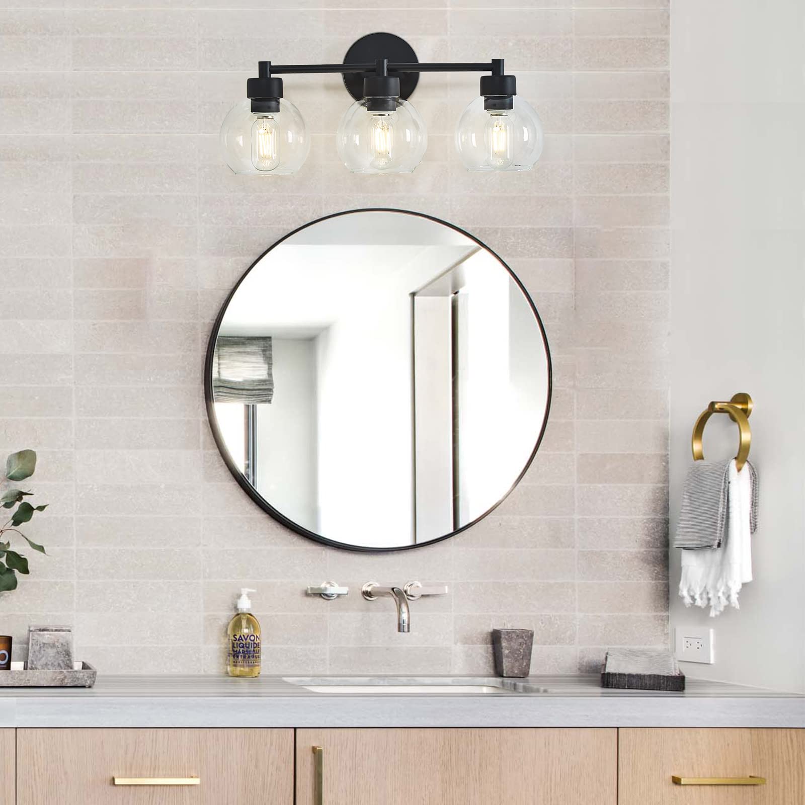3-Light Black Round Bathroom Vanity Light Fixture with Clear Globe Glass - Matte Black Wall Sconce for Mirror, Bedroom, Living Room & Kitchen - Perfect for Modern Home Decor and Bathroom Makeovers