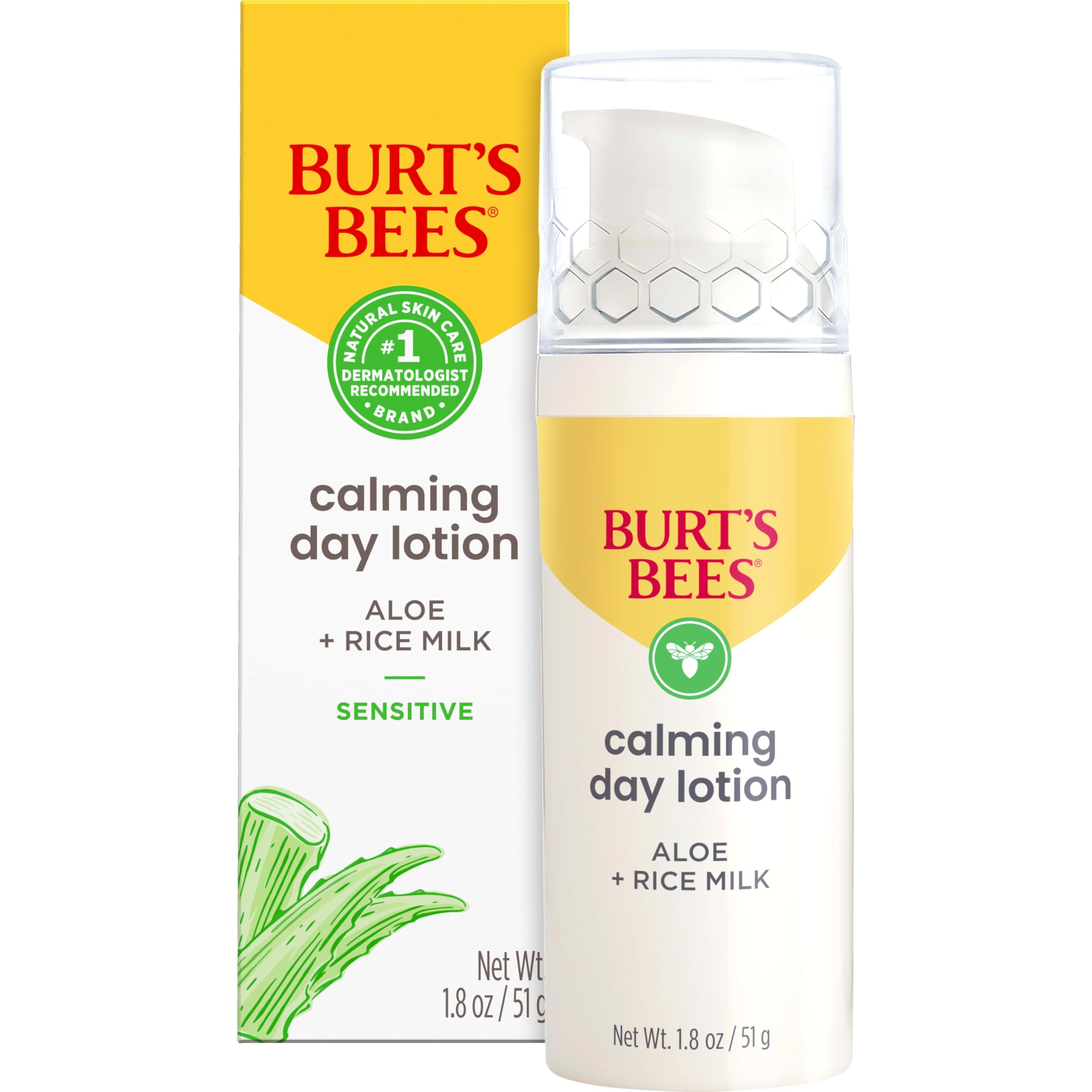 Burt's Bees Calming Day Face Lotion with Aloe & Rice Milk - Soothing Moisturizer for Sensitive Skin, 98.9% Natural Origin, 1.8 oz - Perfect for Daily Hydration & Redness Relief