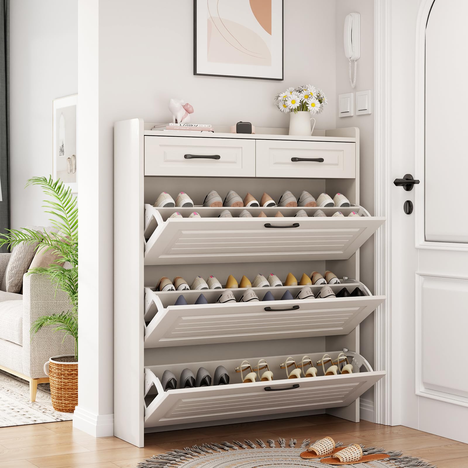 Compact 3-Door Shoe Cabinet with Drawers - Space-Saving Entryway Storage for Hallway & Apartment
