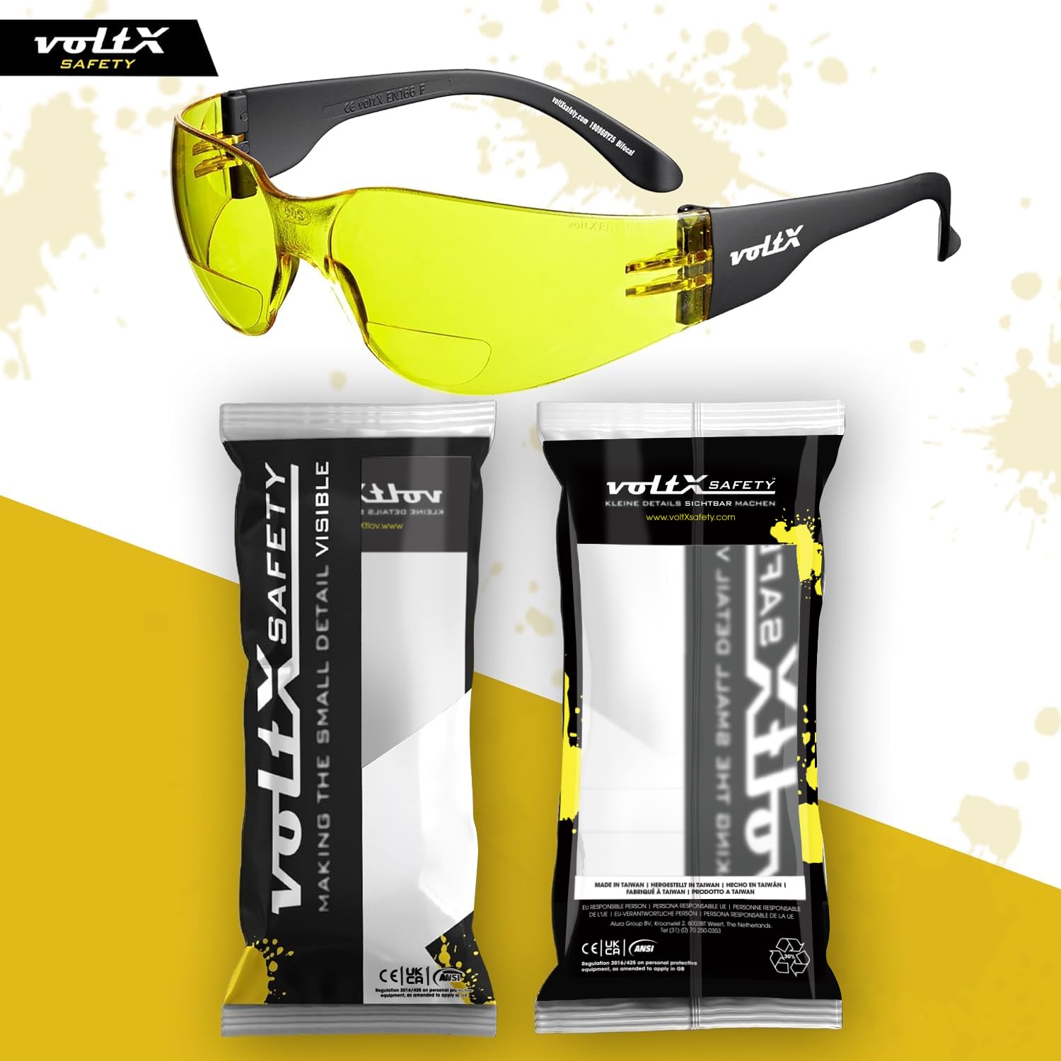 VoltX 'GRAFTER' Yellow +2.5 Diopter Bifocal Safety Reading Glasses - CE EN166 Certified Industrial & Cycling Eyewear with Anti-Fog UV400 Coating - Perfect for Construction, Cycling, and Workplace Eye Protection