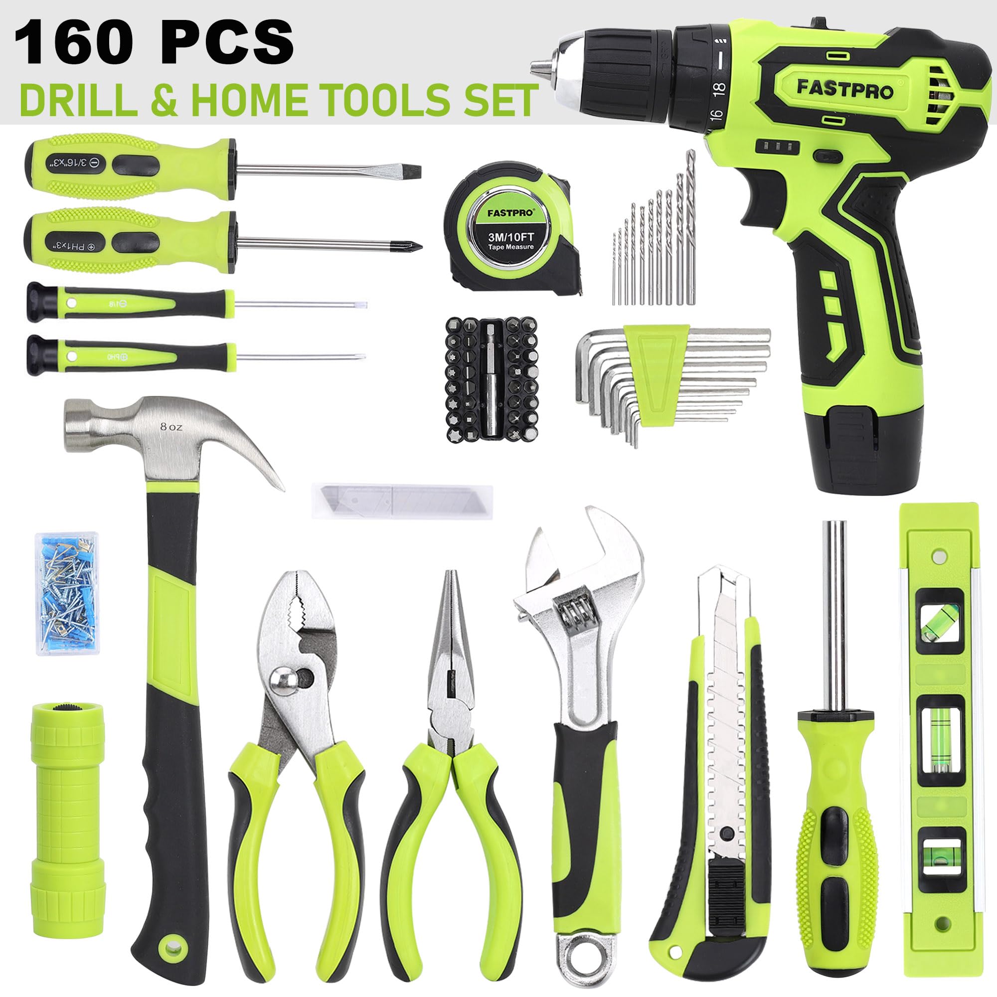 FASTPRO 160-Piece Home Tool Kit with 12V Cordless Lithium-Ion Drill Driver, Household Repair Tools & Storage Case - Perfect for DIY Projects, Home Maintenance & Professional Use - Ideal for Woodworking, Furniture Assembly & General Repairs