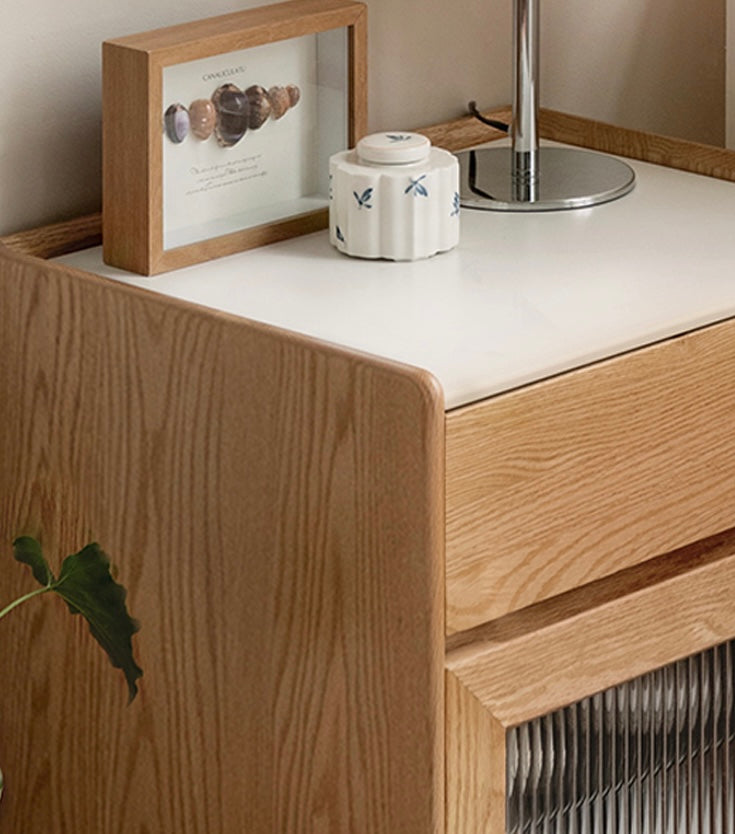 Solid Oak Wood Side Cabinet for Robot Vacuum Storage - Modern Rock Slab Design - Perfect for Living Room, Bedroom, or Home Office Organization