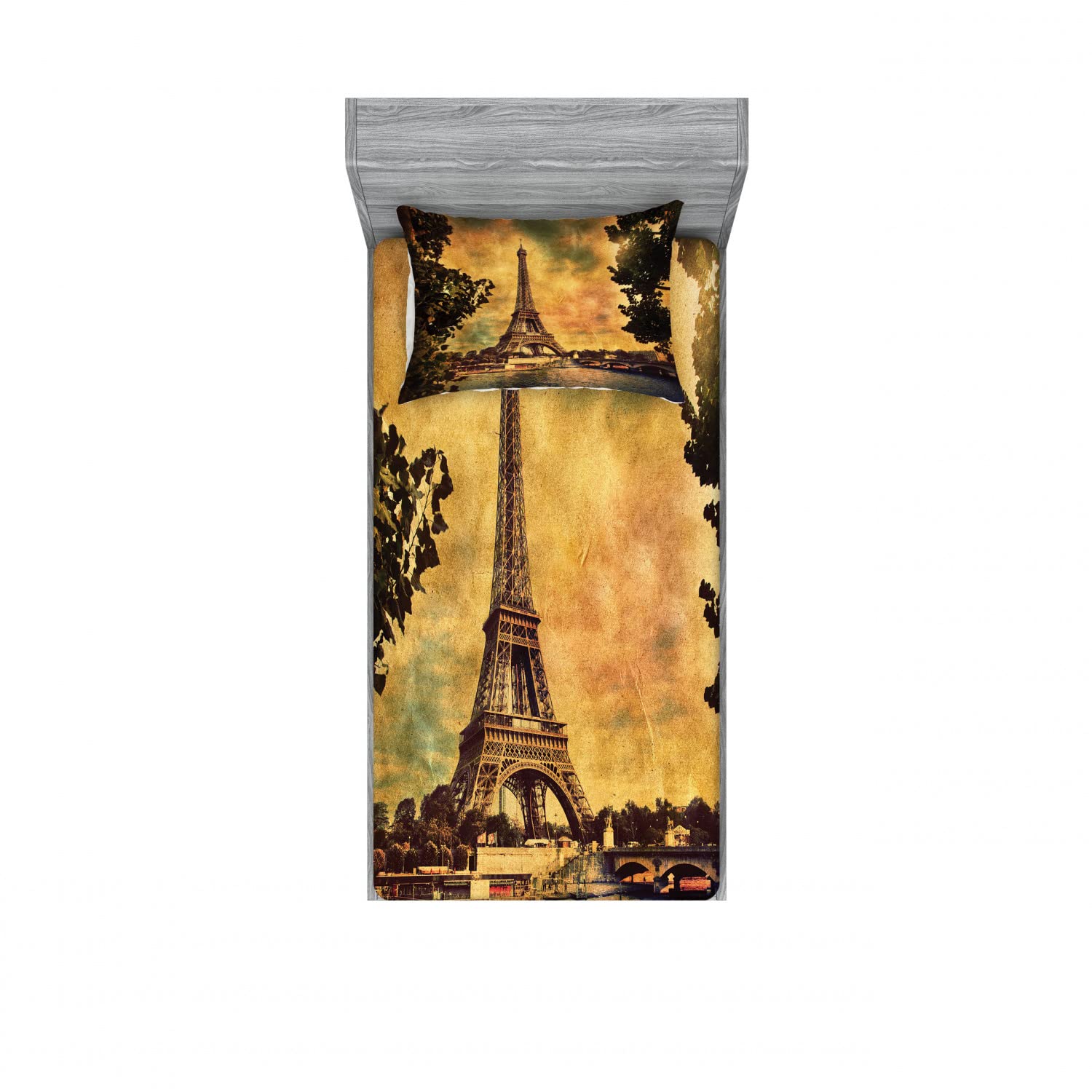 Ambesonne 2-Pack Twin Fitted Sheet & Pillow Sham Set - Eiffel Tower Tree Design, 4-Piece Brown Mustard Bedding Set for Cozy Home Decor | Perfect for Guest Rooms, Dorms & Apartment Living