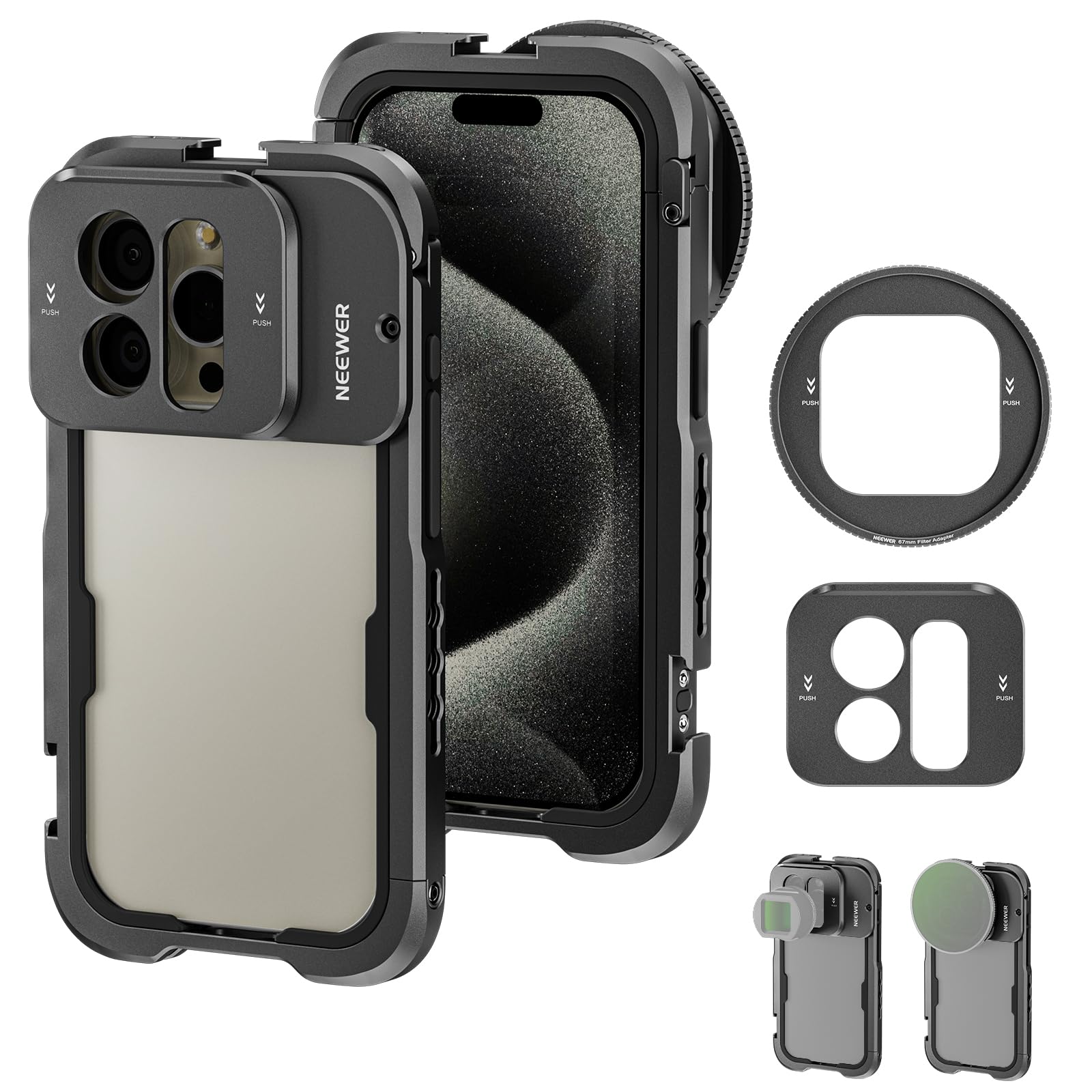 NEEWER 15 Pro Video Cage Rig Kit for iPhone - 67mm Snap-On Filter Adapter, 17mm Threaded Backplate, Cold Shoe Mounts & Tripod Base | Aluminum Stabilizer Case for Professional Video Recording | Perfect for Vlogging, Filmmaking & Content Creation