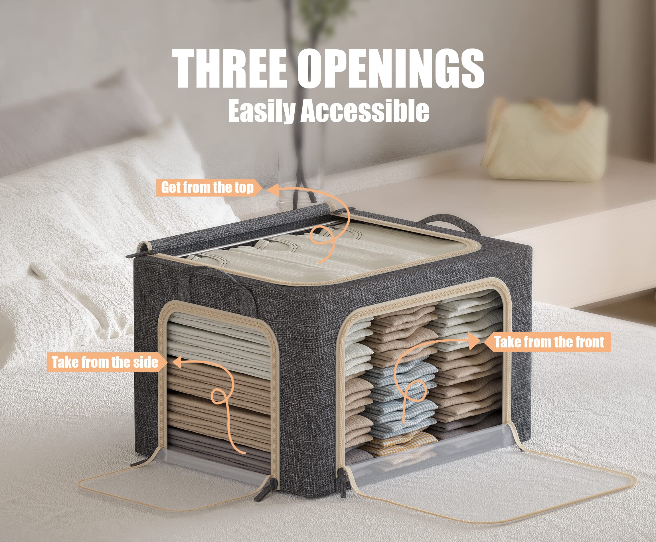 3-Pack Foldable Clothes Storage Bins with Metal Frame & Clear Window - 40L Dark Grey Linen Storage Box with Zipper Lid & Durable Handles | Perfect for Closet Organization, Seasonal Clothing Storage & Underbed Organization