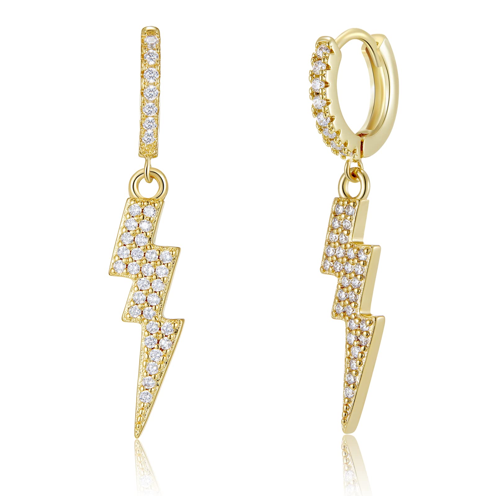 18K Gold Plated Lightning Bolt Earrings for Men & Women - Iced Out Cubic Zirconia Punk Hoop Huggie Dangle Earrings - Perfect Punk Rock Jewelry Gift for Birthday, Concert & Festival (1 Pair)