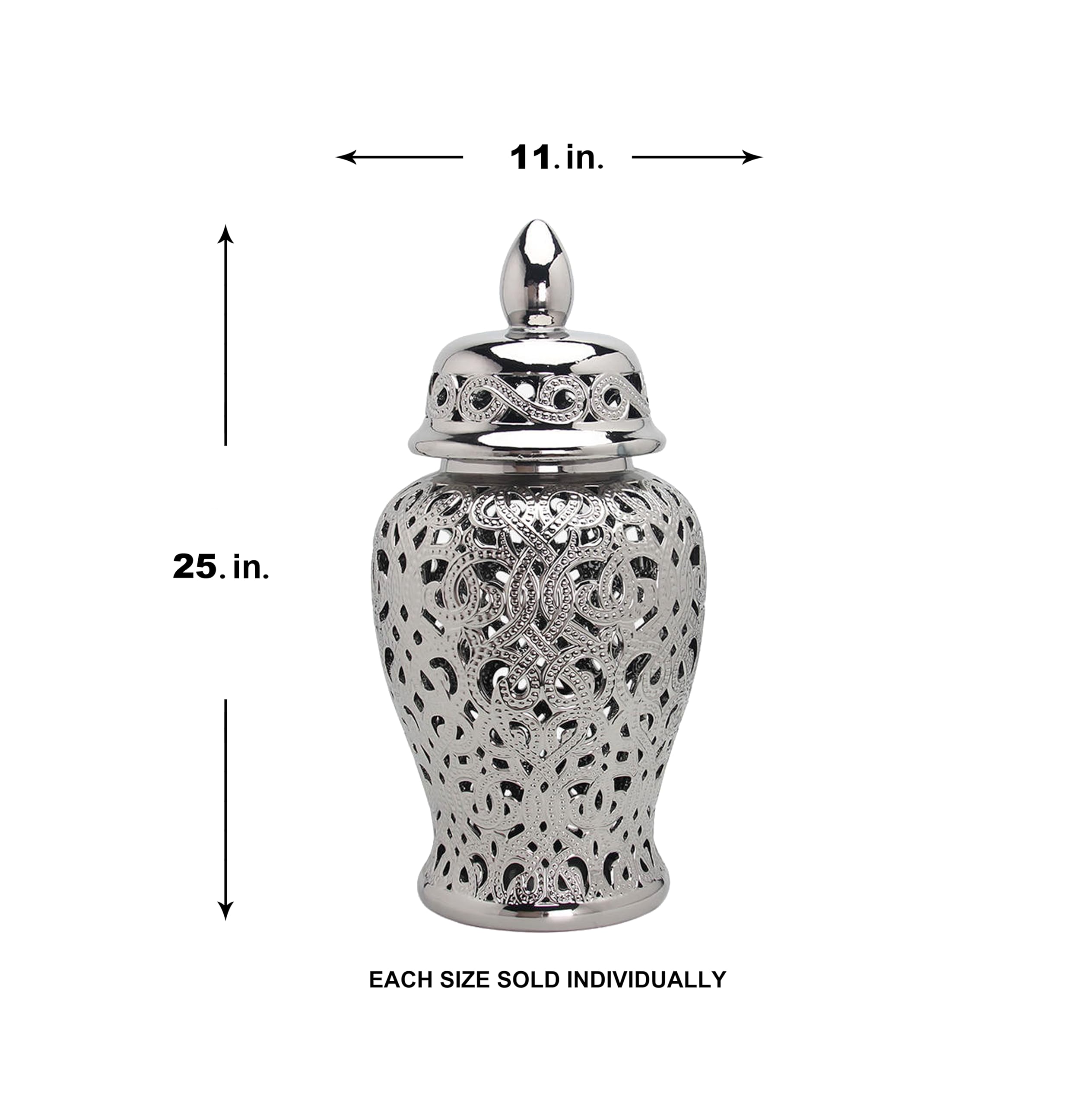 Noori Home - 100% Modern Glam Artisan Ceramic PARKER Large Silver Ginger Jar Urns with Lid 11x11x25 - Elegant Home Decor for Living Room, Dining Table & Wedding Centerpiece