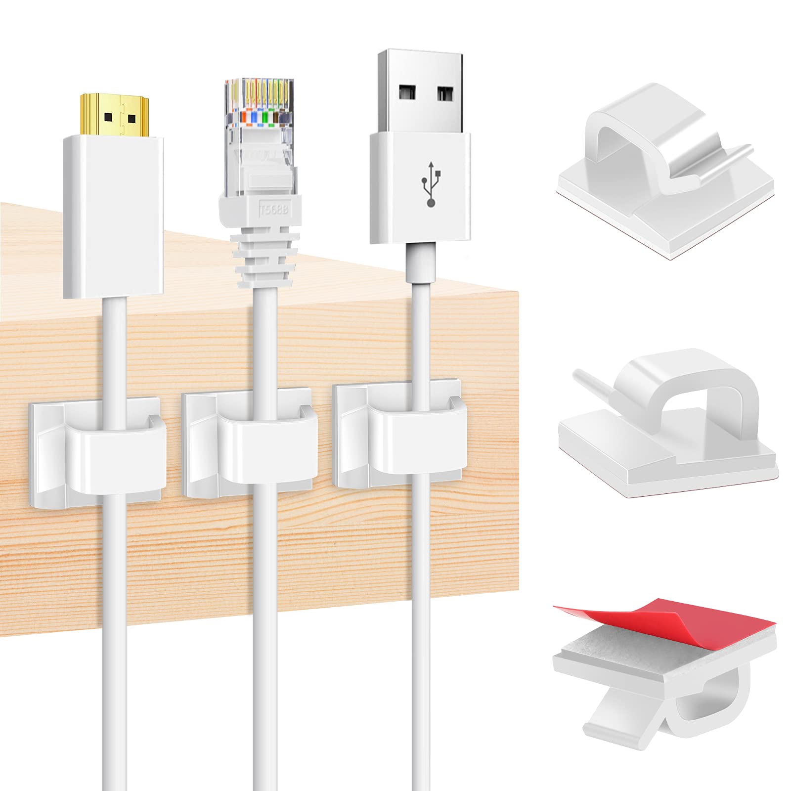 60 PCS White Adhesive Cable Clips - Strong Wall & Under Desk Wire Organizers for LED Strips, Ethernet Cables, Electric Wires - Perfect for Home Office, Gaming Setup & TV Cable Management