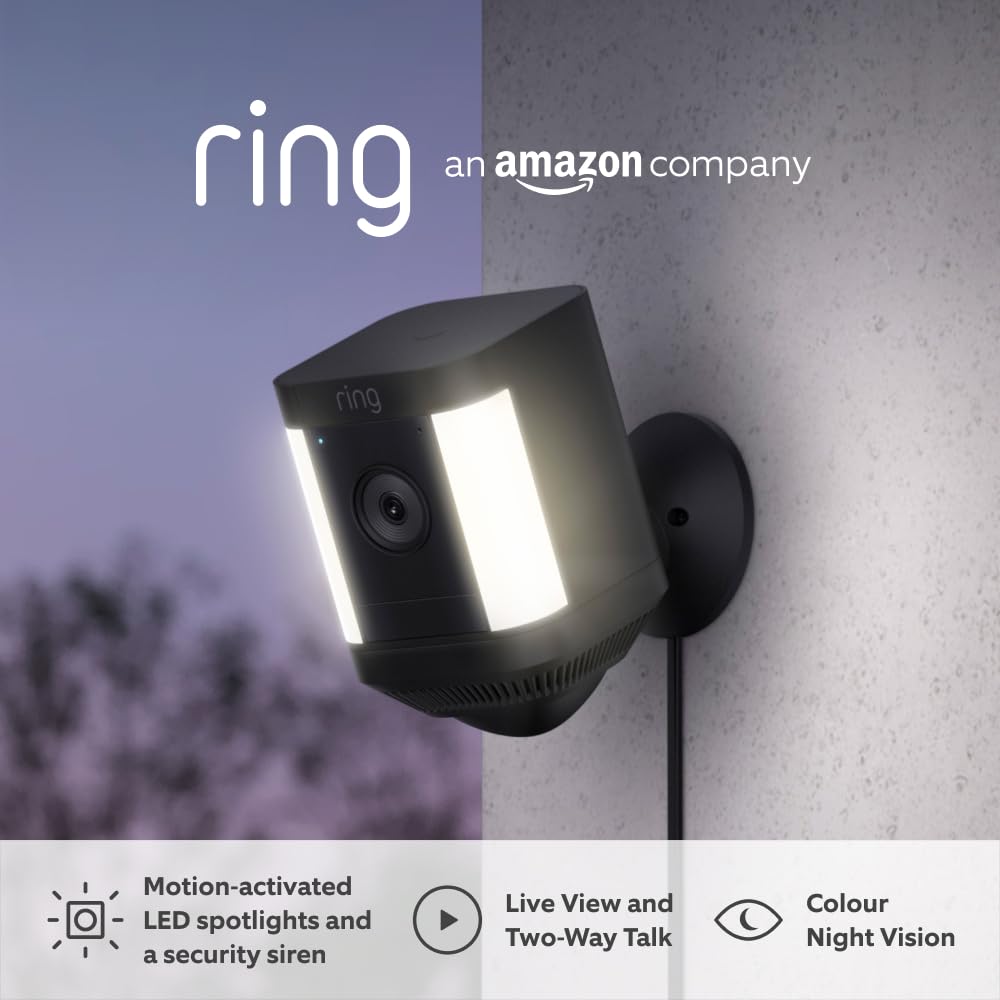 Ring Spotlight Cam Plus Plug-In | 1080p HD Outdoor Security Camera with Two-Way Talk, Night Vision, LED Spotlights & Siren | Wireless CCTV Alternative for Home Security (2-Pack) | Perfect for Front Door, Backyard & Garage Surveillance