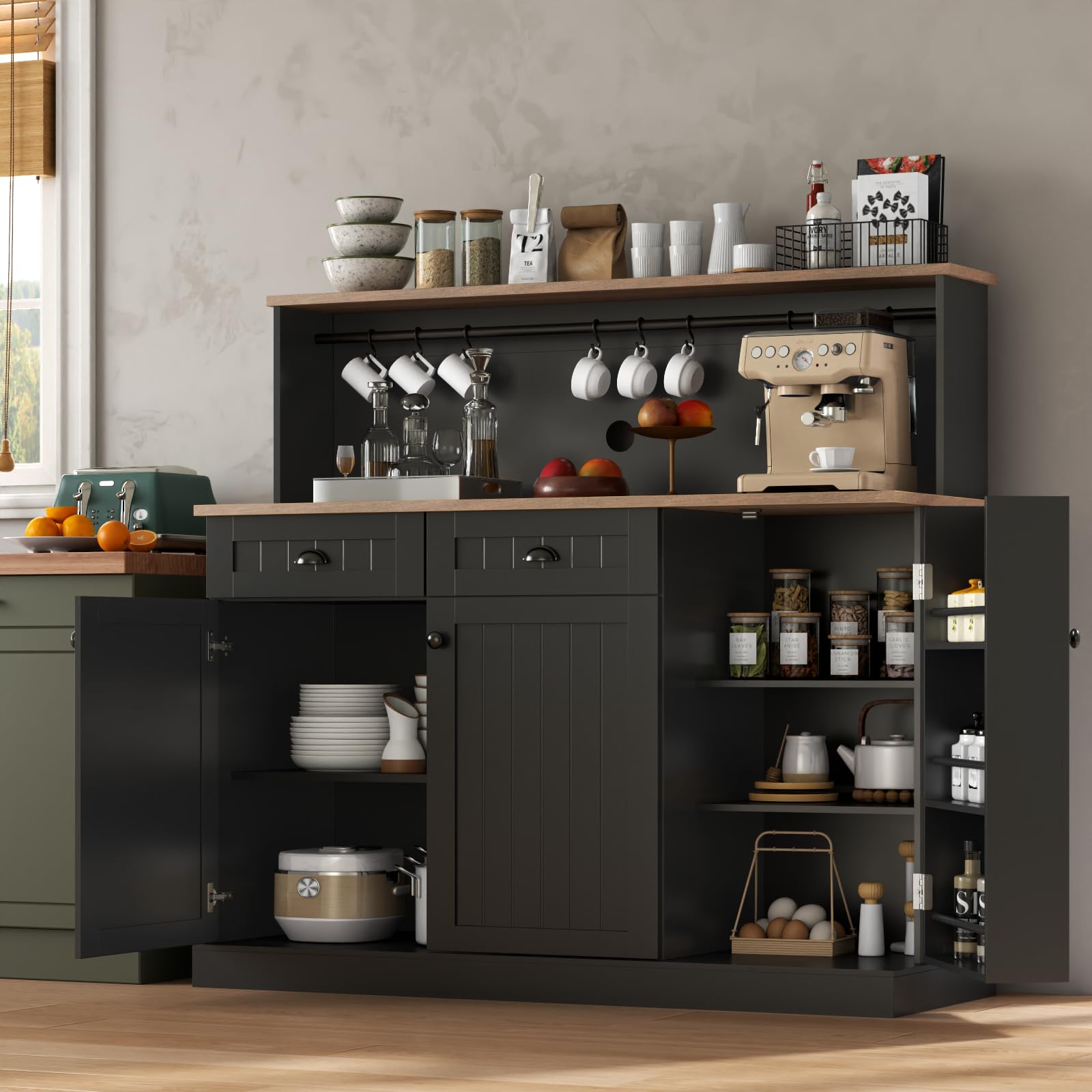 Farmhouse Sideboard Buffet Cabinet with 2 Drawers & 3 Doors - Adjustable Shelves Kitchen Pantry, Coffee Bar Cupboard for Dining Room & Living Room Storage - Perfect for Entertaining & Home Organization (Black)