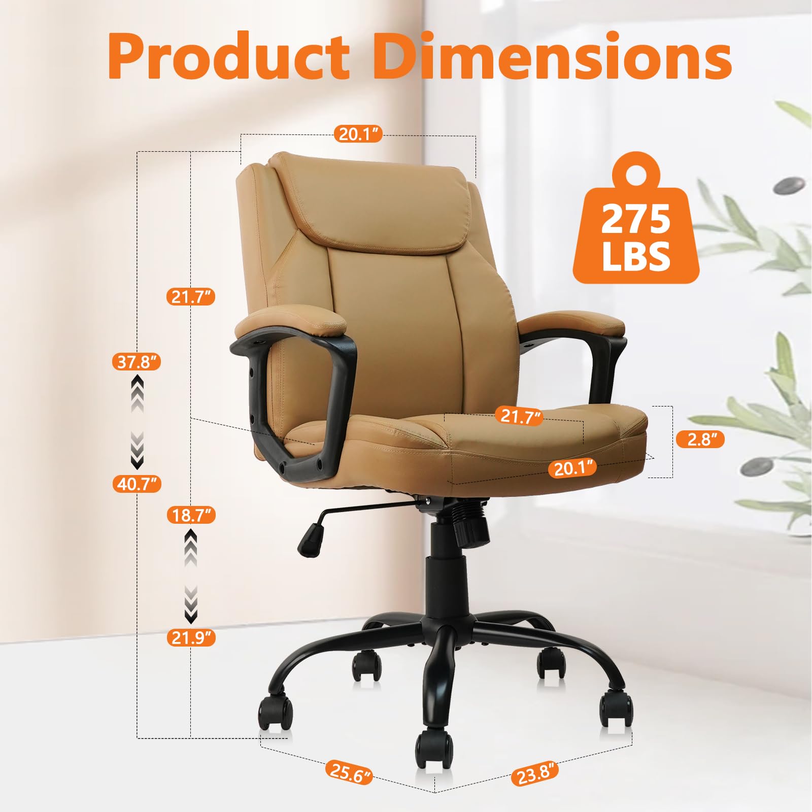 CLATINA Brown PU Leather Executive Office Chair - Adjustable Height, Swivel, Mid-Back with Thick Cushion & Fixed Armrests - 4 Pack Set for Home Office, Gaming & Workspace (Brown)