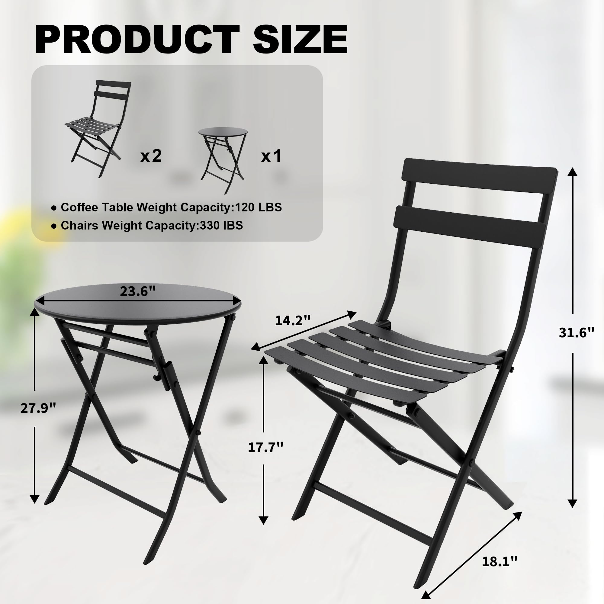 GARVEE 3-Piece Folding Patio Bistro Set with Round Table & 2 Chairs - Weather-Resistant, Space-Saving Outdoor Furniture with Premium Steel Frame in Black - Perfect for Small Balconies, Decks and Garden Dining
