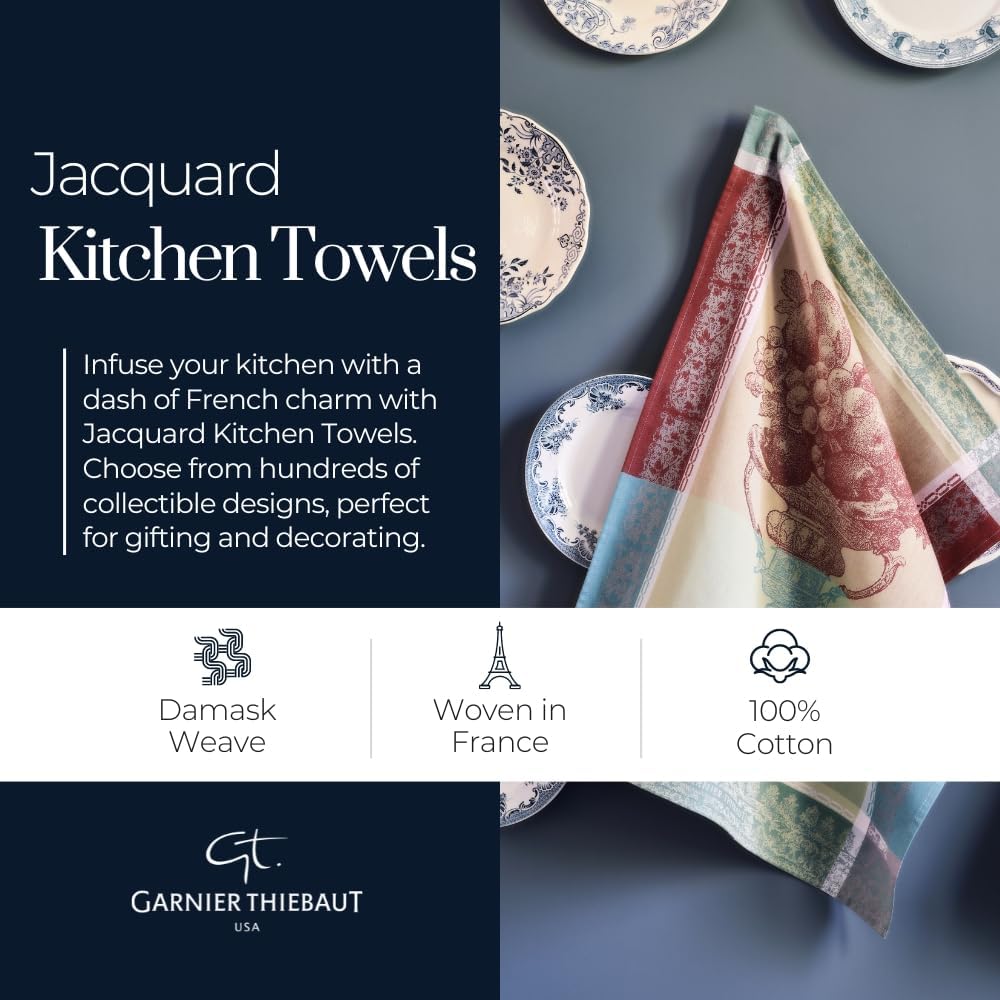 Garnier Thiebaut French Jacquard Kitchen Towels - Premium Absorbent Dish Cloths (Fraisier Rose Design) for Cooking, Baking & Elegant Kitchen Decor