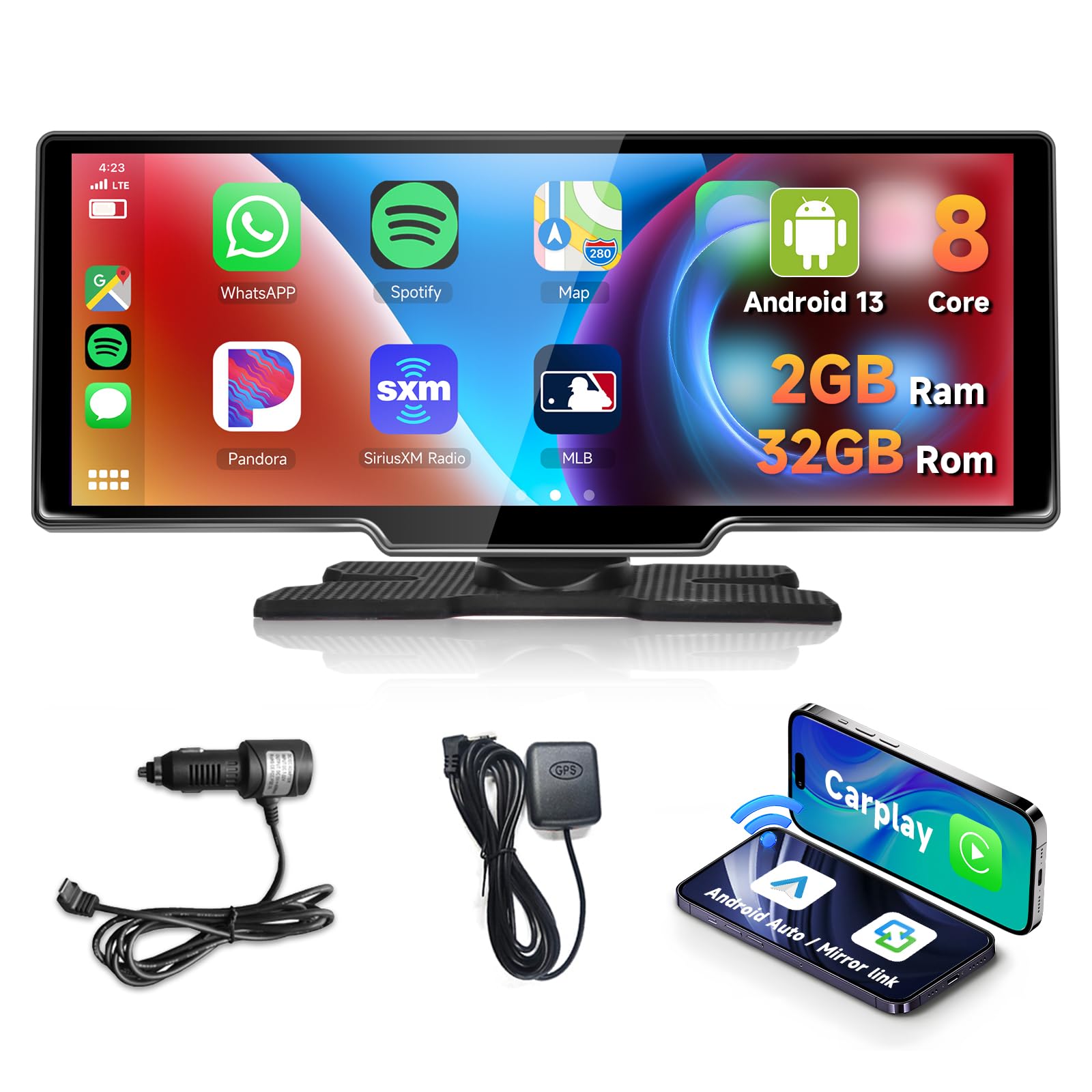 8-Core 2GB RAM 32GB ROM Android 10 CarPlay Touch Screen - 10.26 Inch Wireless Android Auto Car Stereo with GPS, WiFi, Bluetooth, AUX & Backup Camera - Supports YouTube & Spotify - Perfect for Road Trips & Daily Commuting