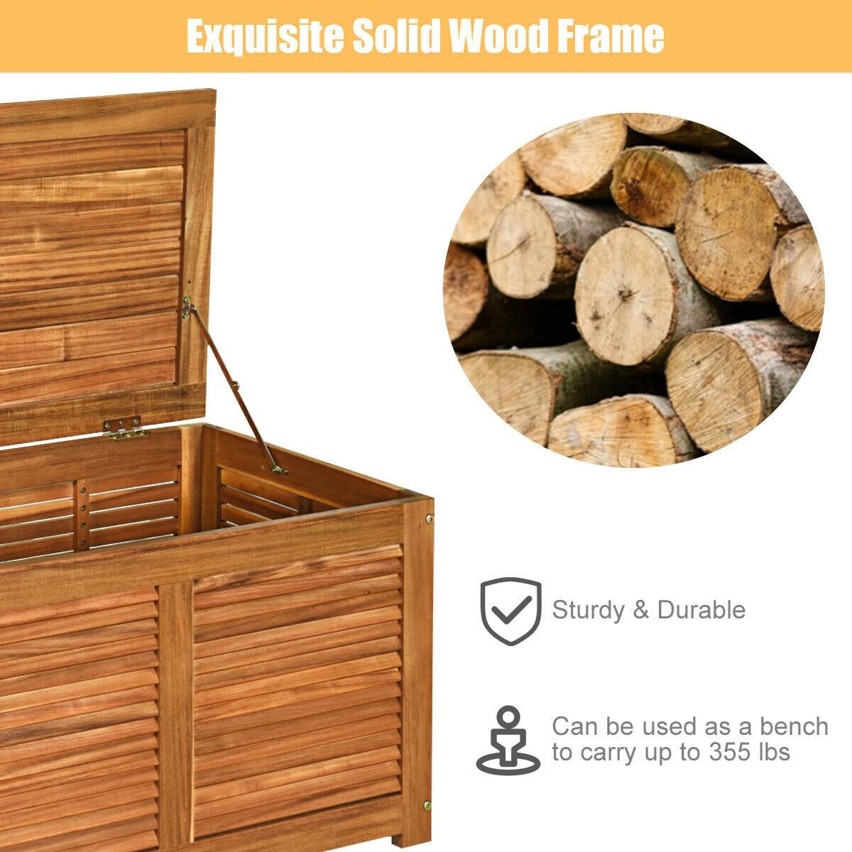47 Gallon Acacia Wood Deck Storage Box - Outdoor Bench Organizer for Toys, Cushions & Garden Tools | Patio, Deck & Garden Furniture Storage Solution