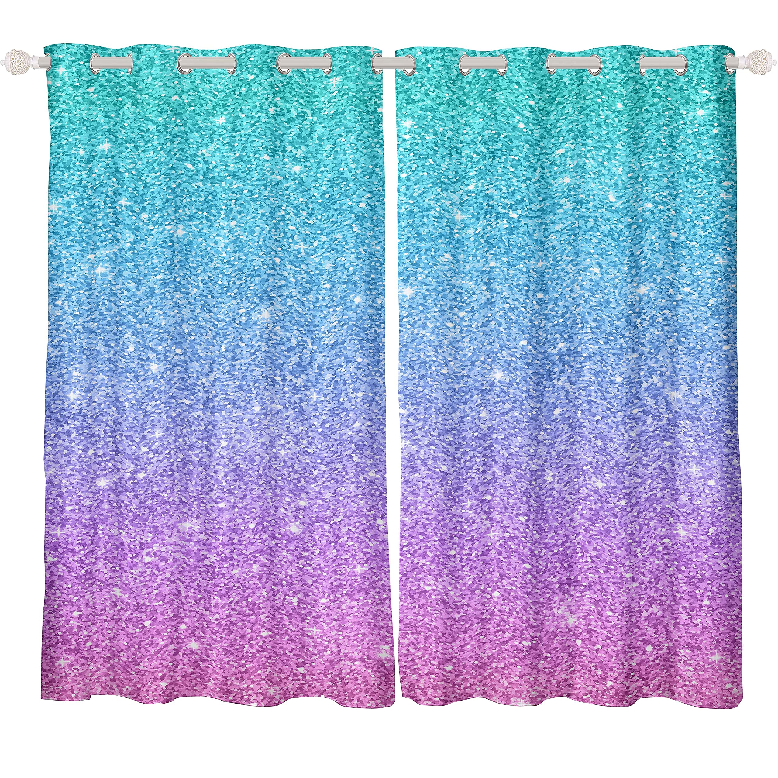 Feelyou Teal Pink Glitter Curtains for Girls Bedroom - Rod Pocket Sparkle Mermaid Drapes, Turquoise Pastel Window Treatment, 52W x 96L Inches, 2 Panels (No Glitter) - Perfect for Kids Room Decor, Nursery, Princess Themed Bedroom & Playroom